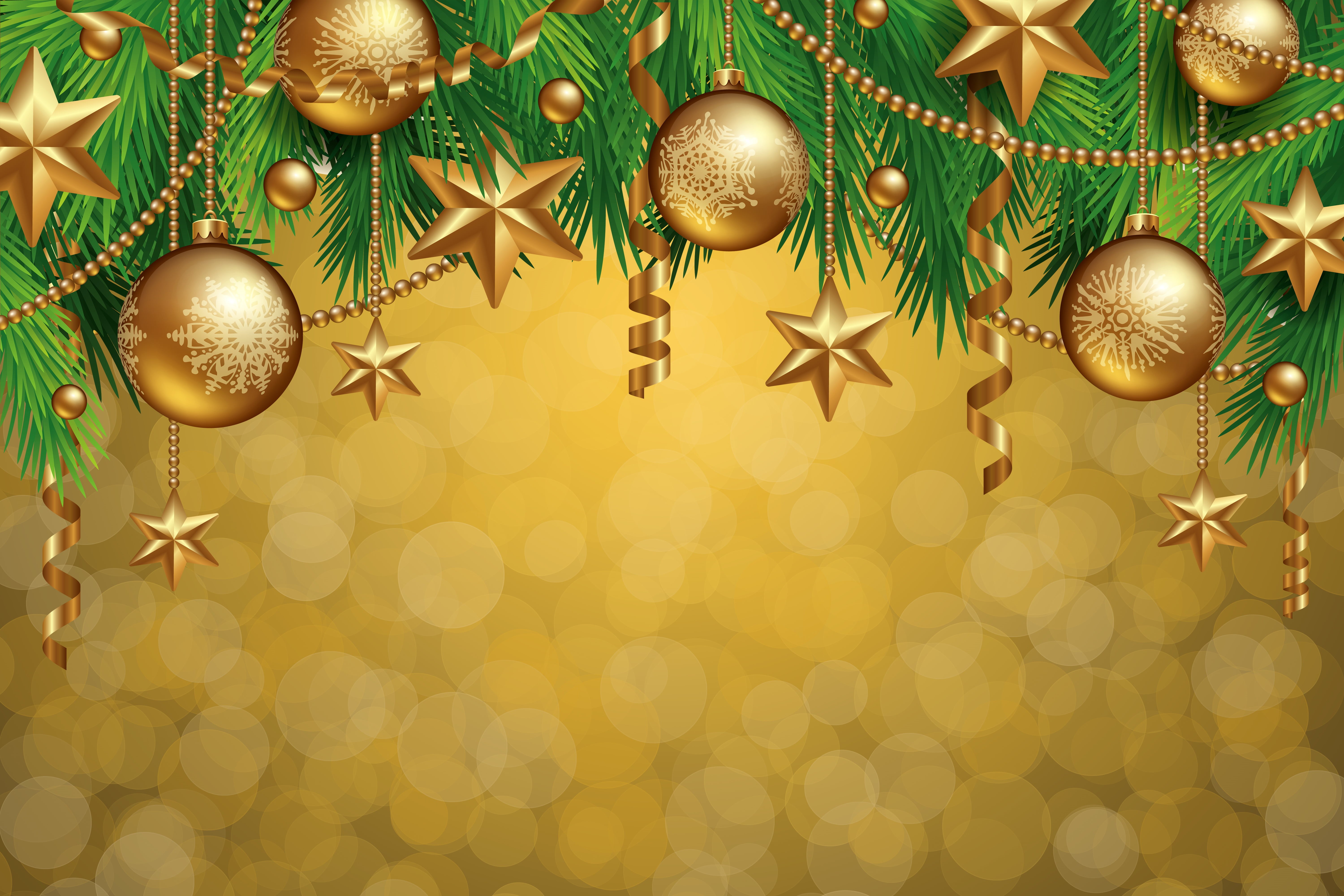 tree, illustration, gold, Christmas, green, Merry, balls, decoration, 5K, golden, baubles, New Year, HD Wallpaper