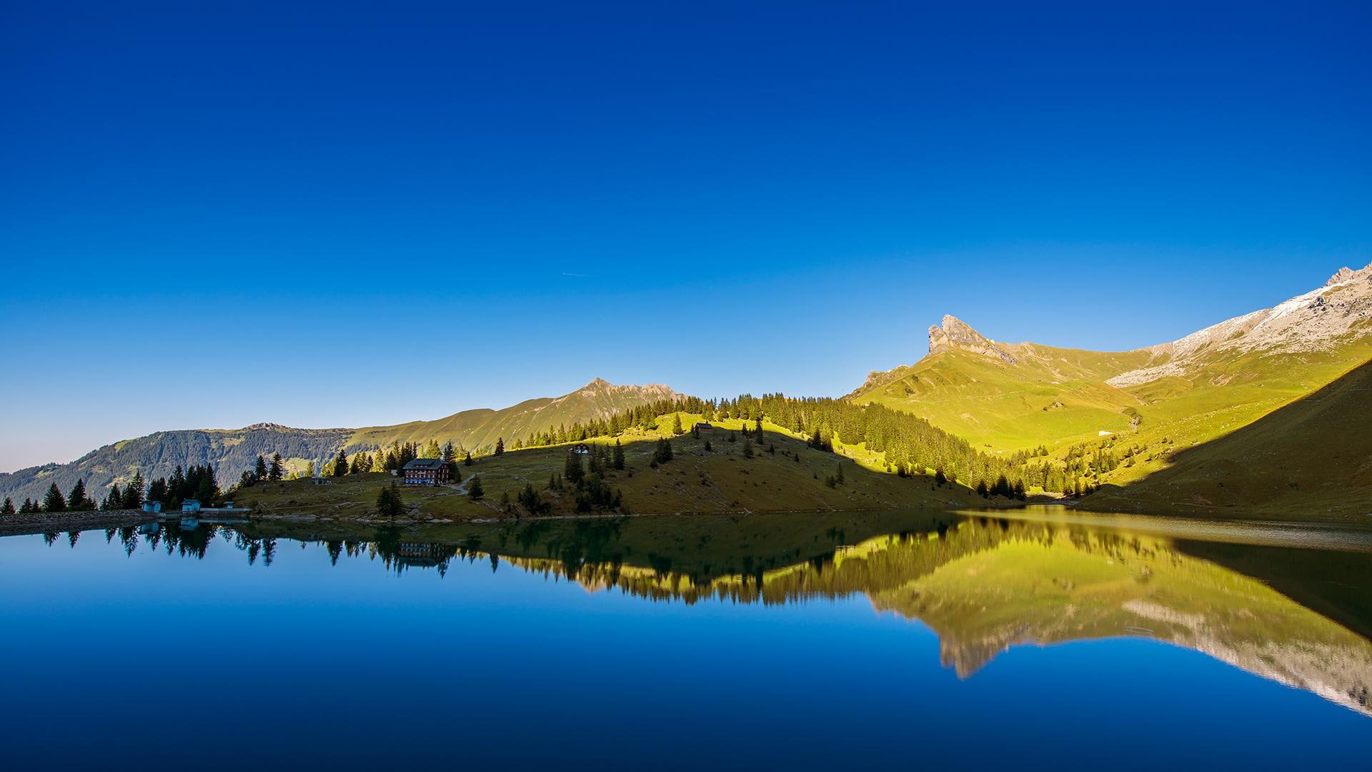 idyll, 1080P, lake, nature and landscapes, trees, mountain, HD Wallpaper