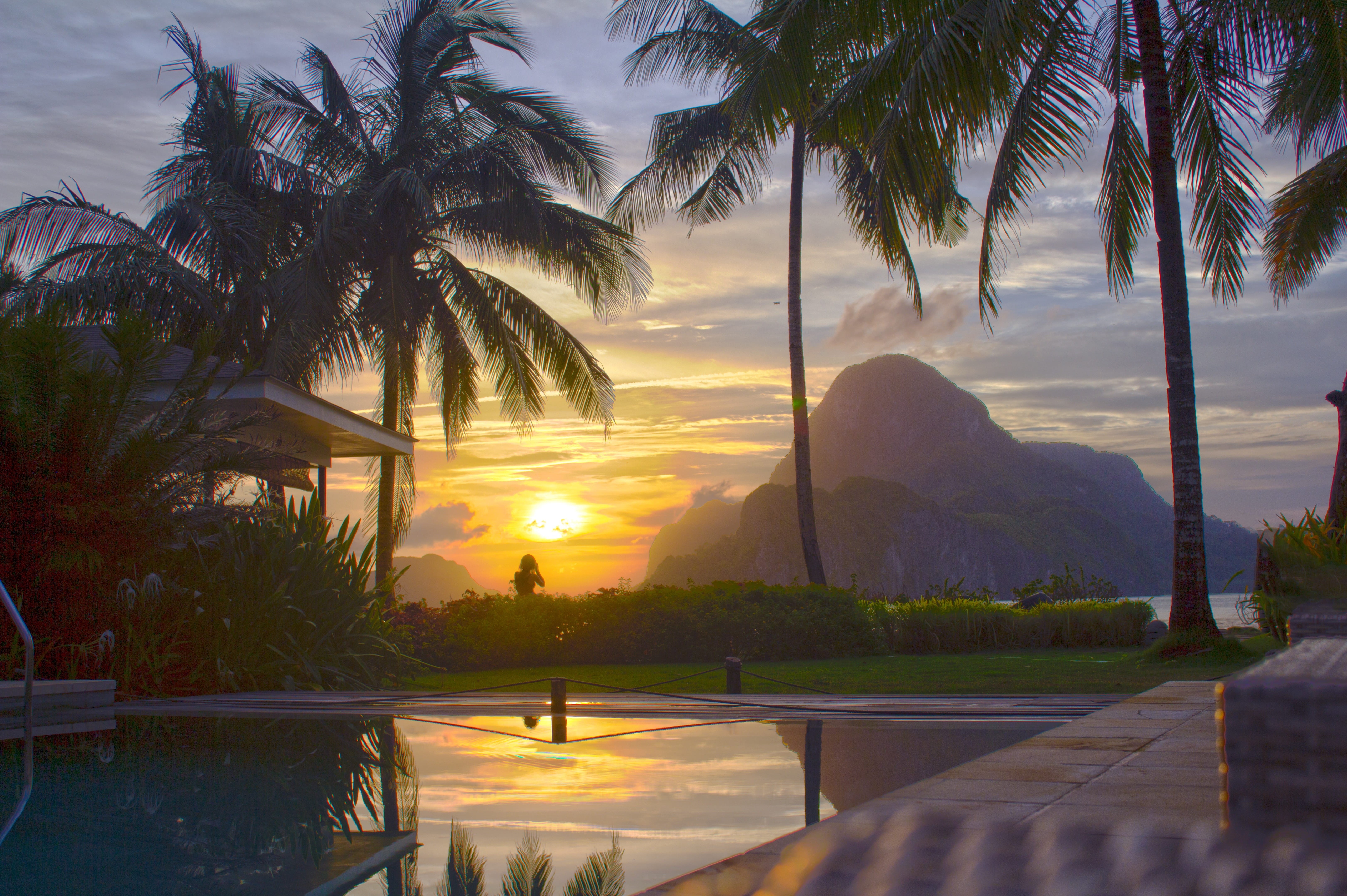 pool, outdoors, landscape, cadlao resort, idyllic, el nido, tranquility, beauty in nature, luxury, photography, evening, 5K, palawan, sunset, sunlight, HD Wallpaper