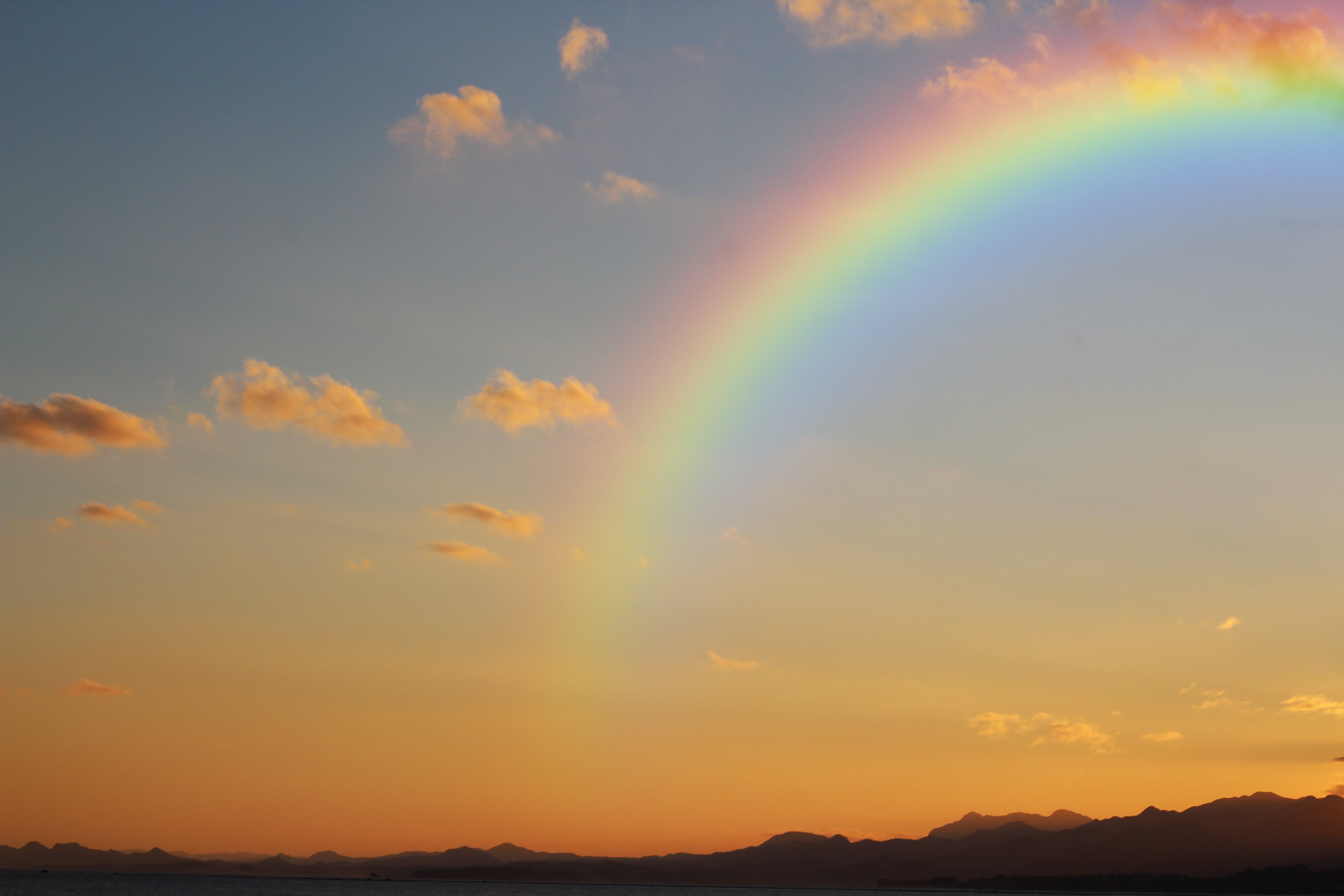 orange color, tranquil scene, outdoor, outdoors, double rainbow, scenics - nature, environment, photo, mountain, tranquility, nature, background, sky, sun, HD Wallpaper