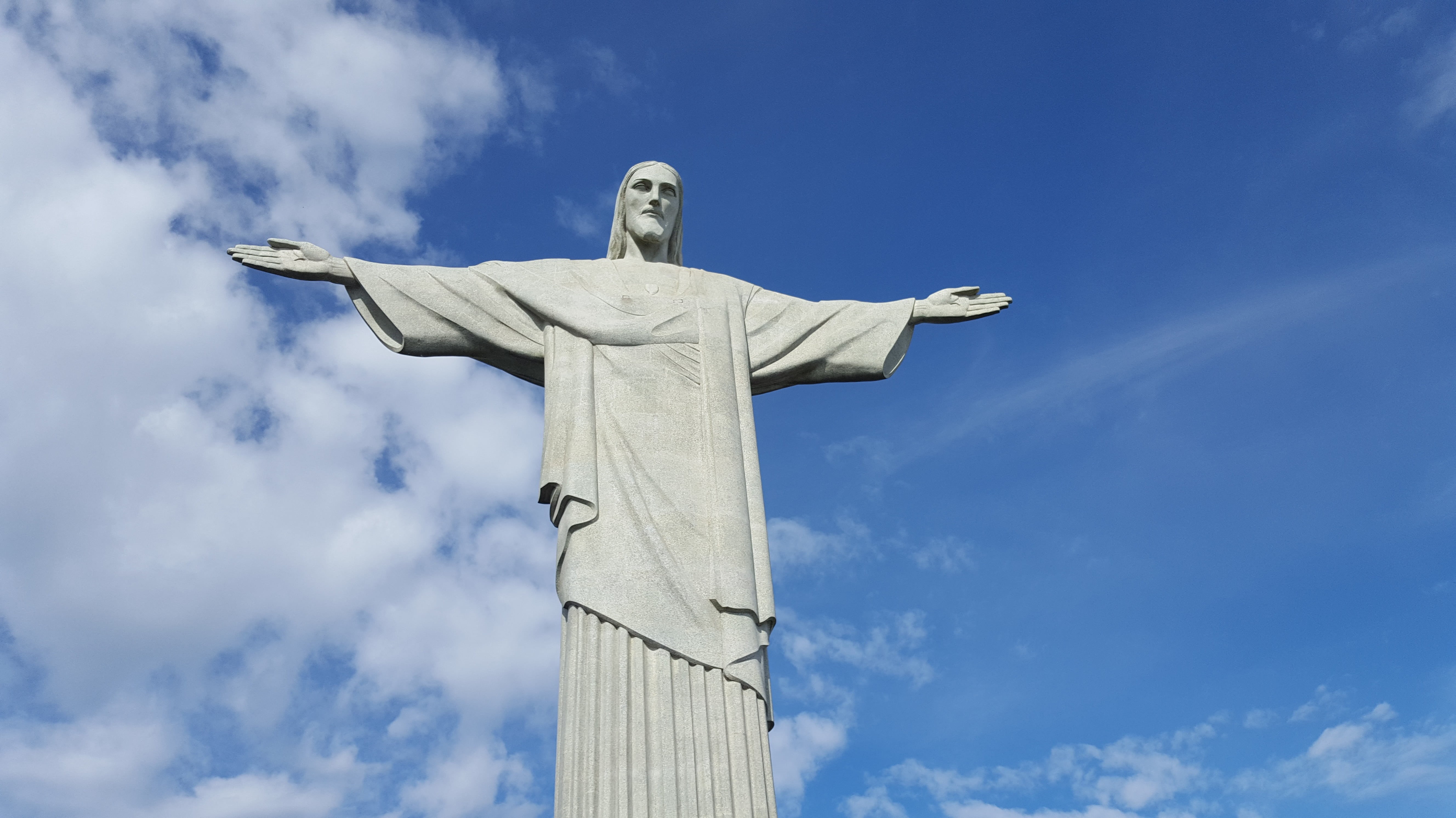 male likeness, day, cloud - sky, human representation, no people, statue, belief, animal wing, spirituality, estatua, sky, 5K, religion, angel, cross, HD Wallpaper