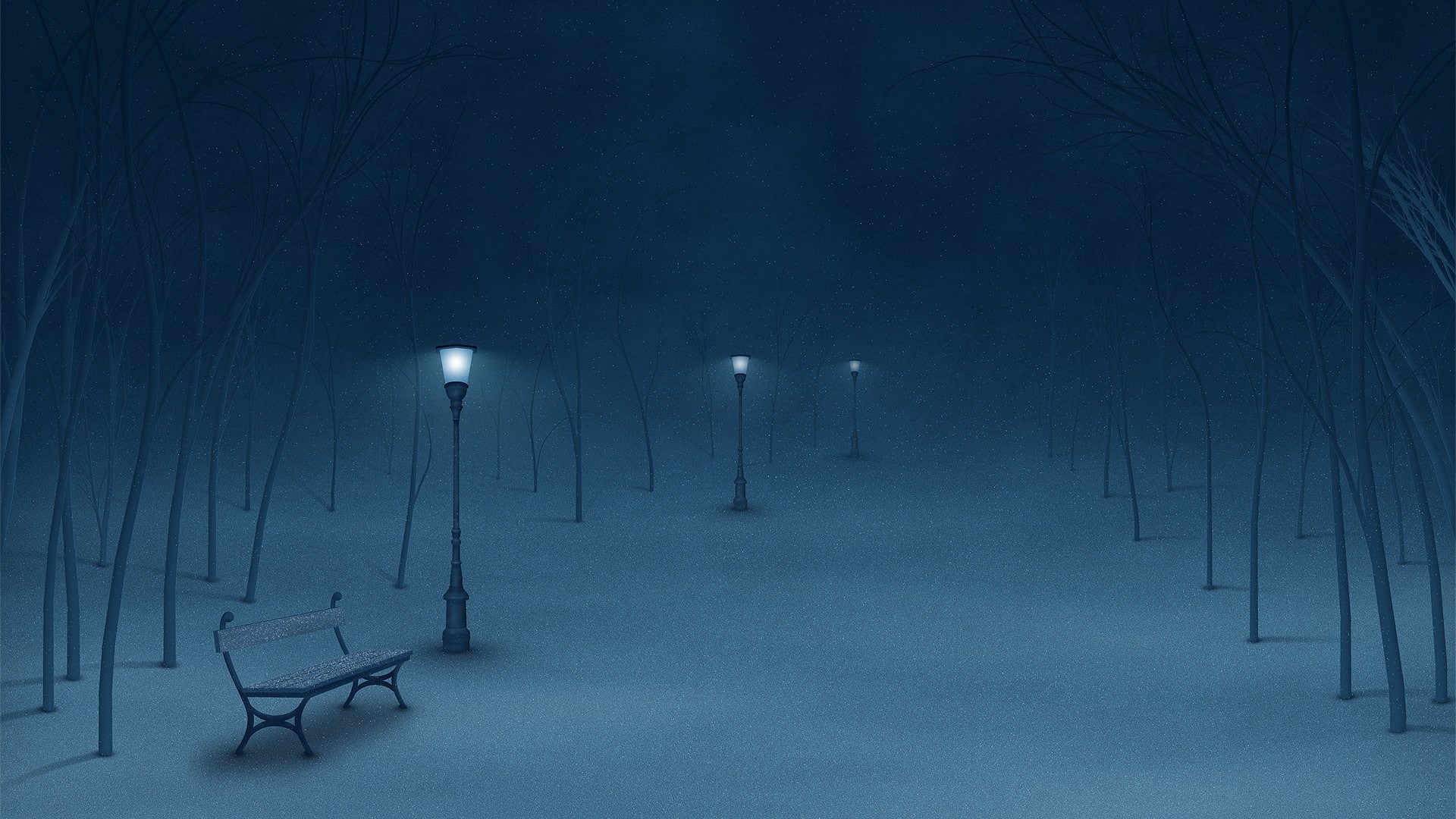 snow, night, bench, tree, winter, 1080P, nature, blue, hd, lights, HD Wallpaper