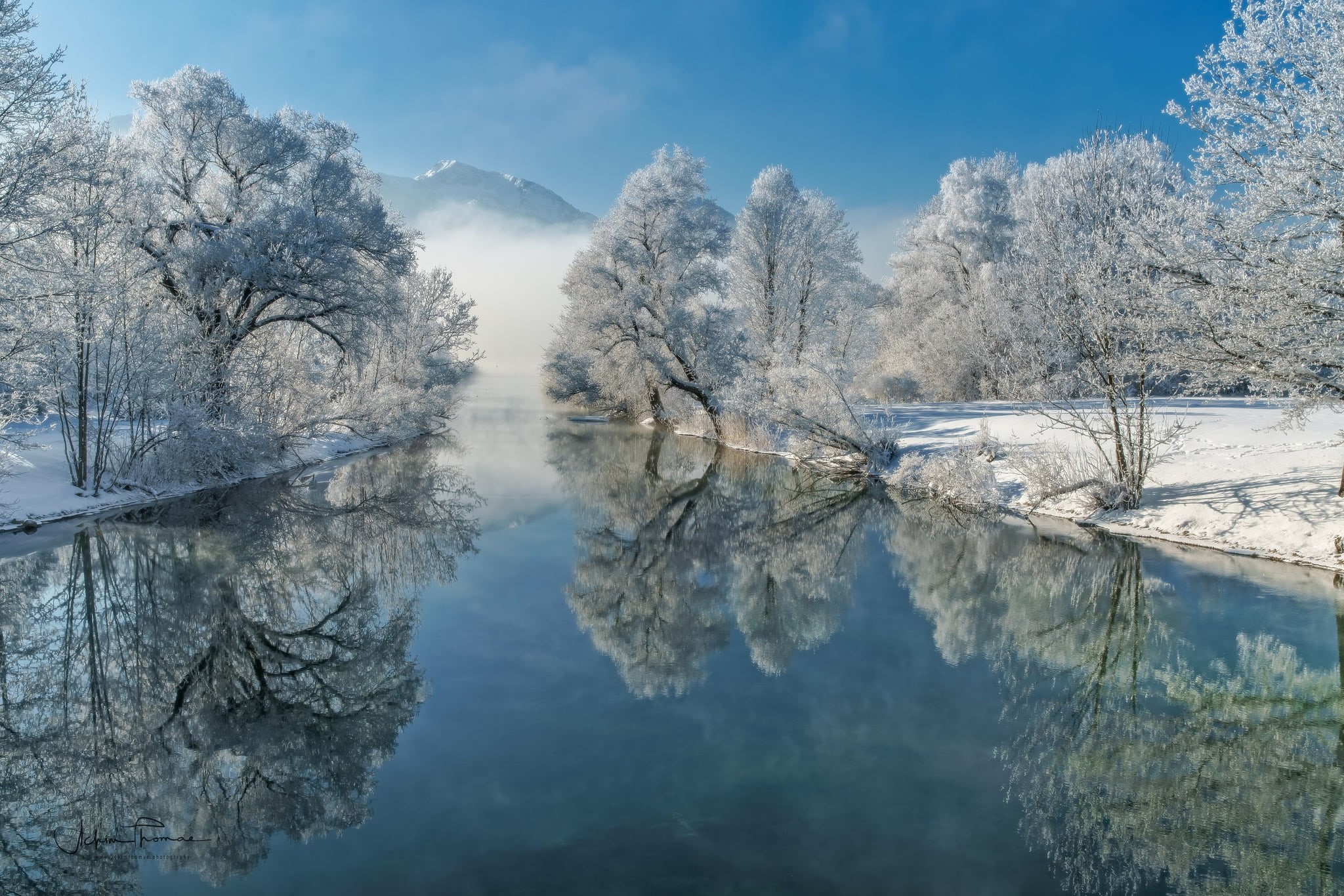 scenics - nature, bare, tranquility, The River Loisach, lake, water, tranquil scene, covered, snow, trees, nature, day, 1080P, Bavaria, sky, tree, outdoors, HD Wallpaper