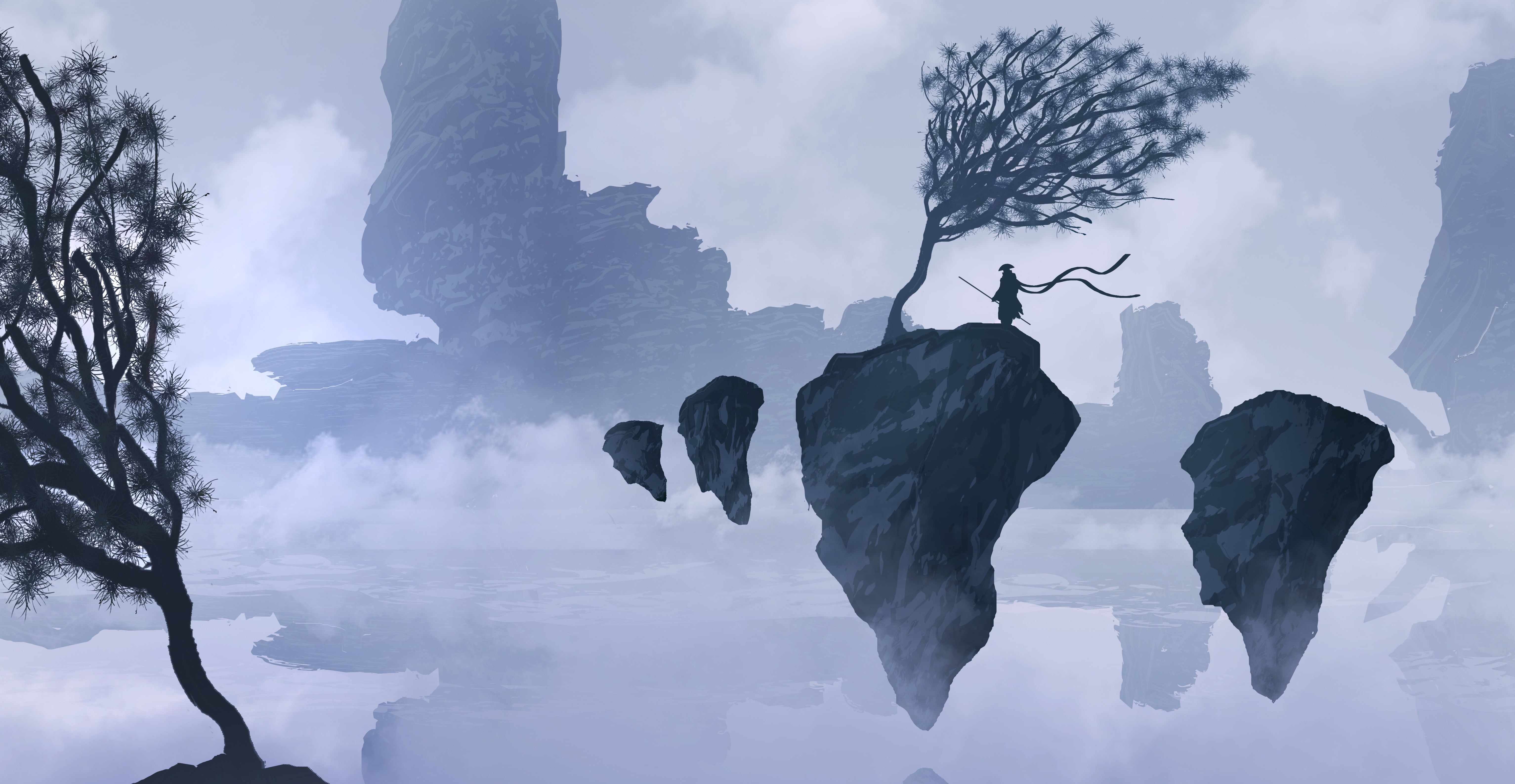 samurai, rock, tranquility, fantasy art, tree, cloud - sky, tranquil scene, human representation, outdoors, statue, nature, 5K, low angle view, mountains, HD Wallpaper