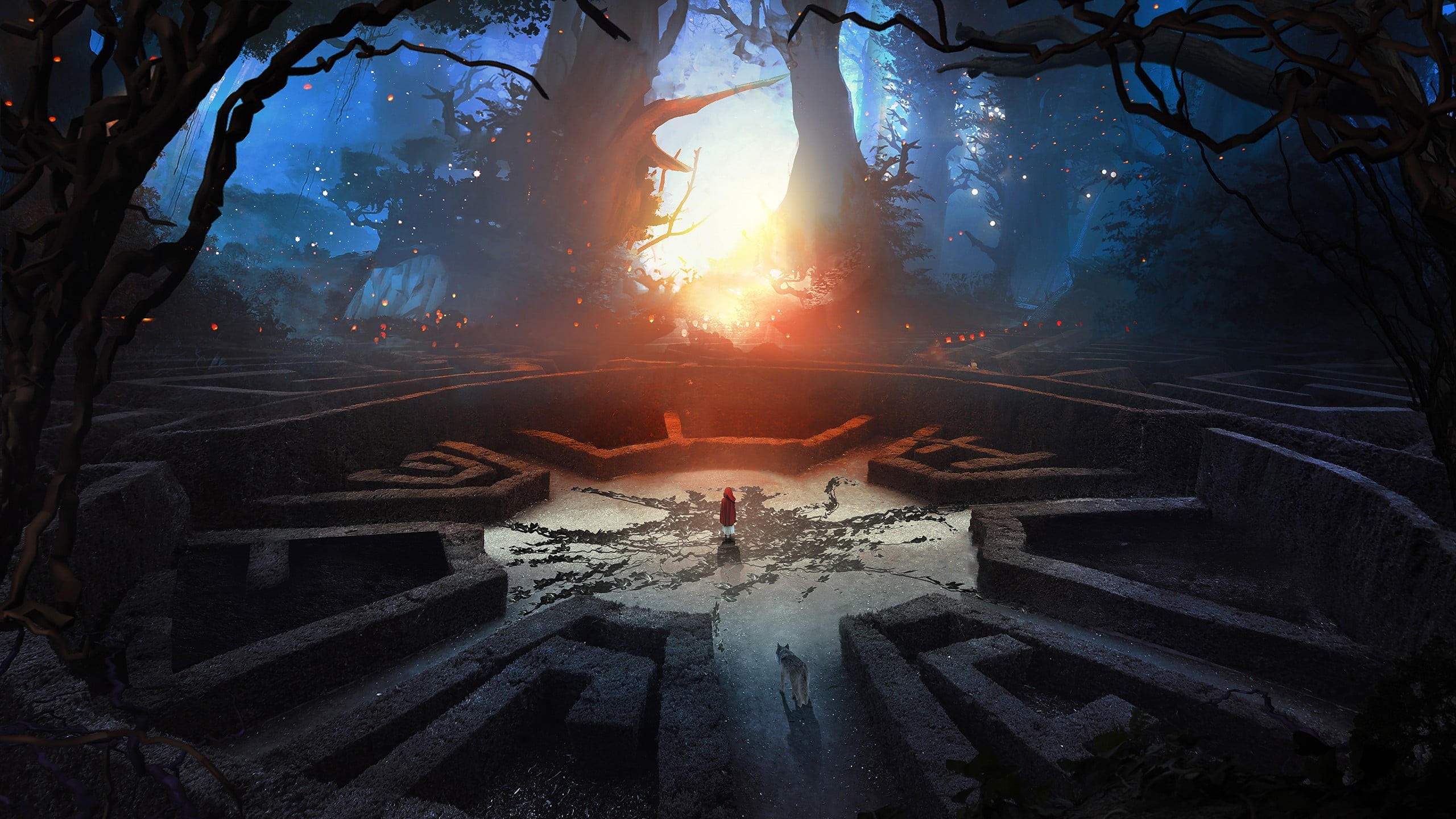 high angle view, flame, hood, heat - temperature, abstract, 3D Abstract, outdoors, industry, fantasy art, wolf, fire, orange color, Little Red Riding Hood, HD Wallpaper
