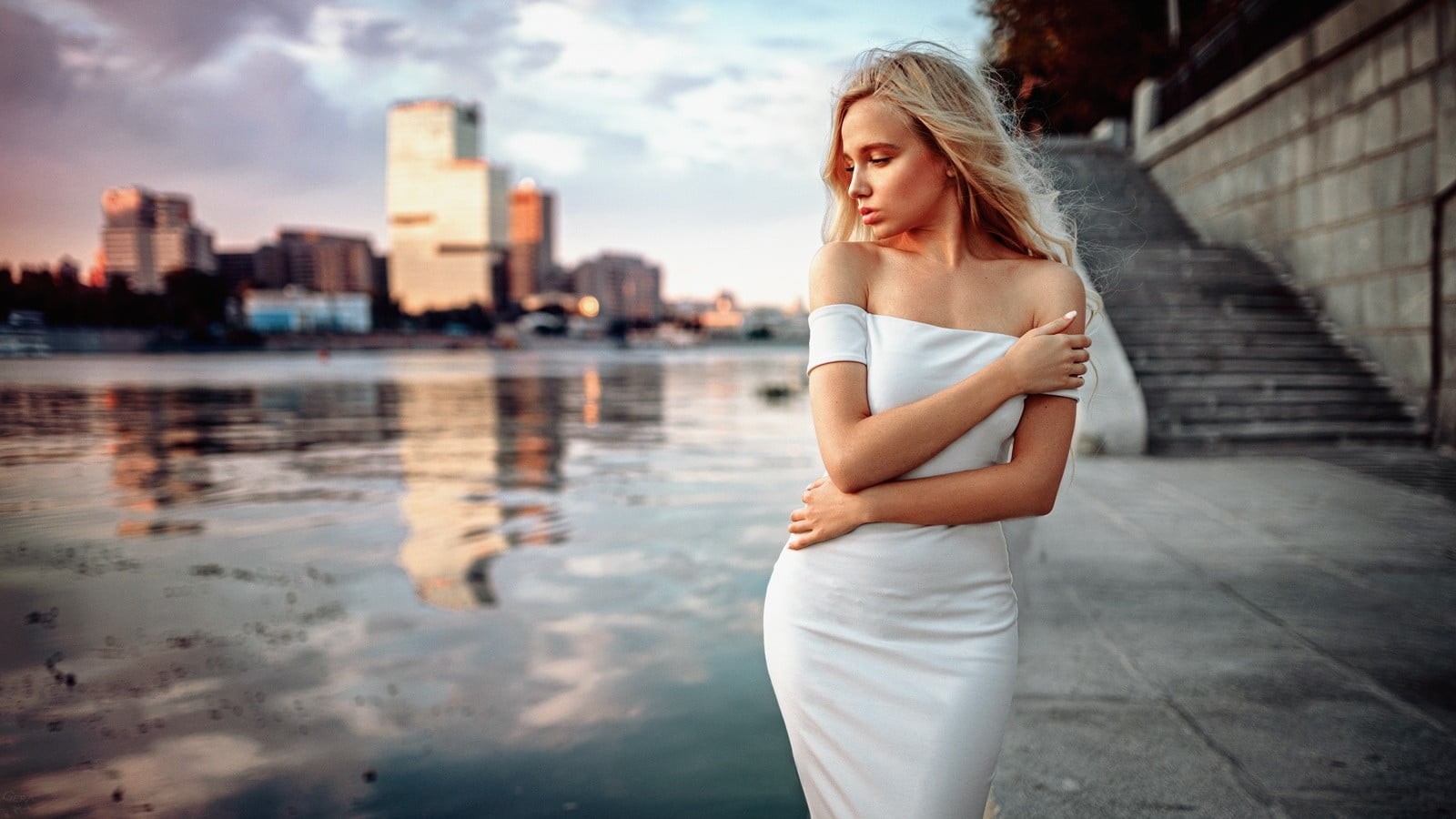 near, woman, wearing, contemplation, beautiful people, beautiful woman, three quarter length, dress, bare shoulders, young women, riverside, daytime, fashion, HD Wallpaper