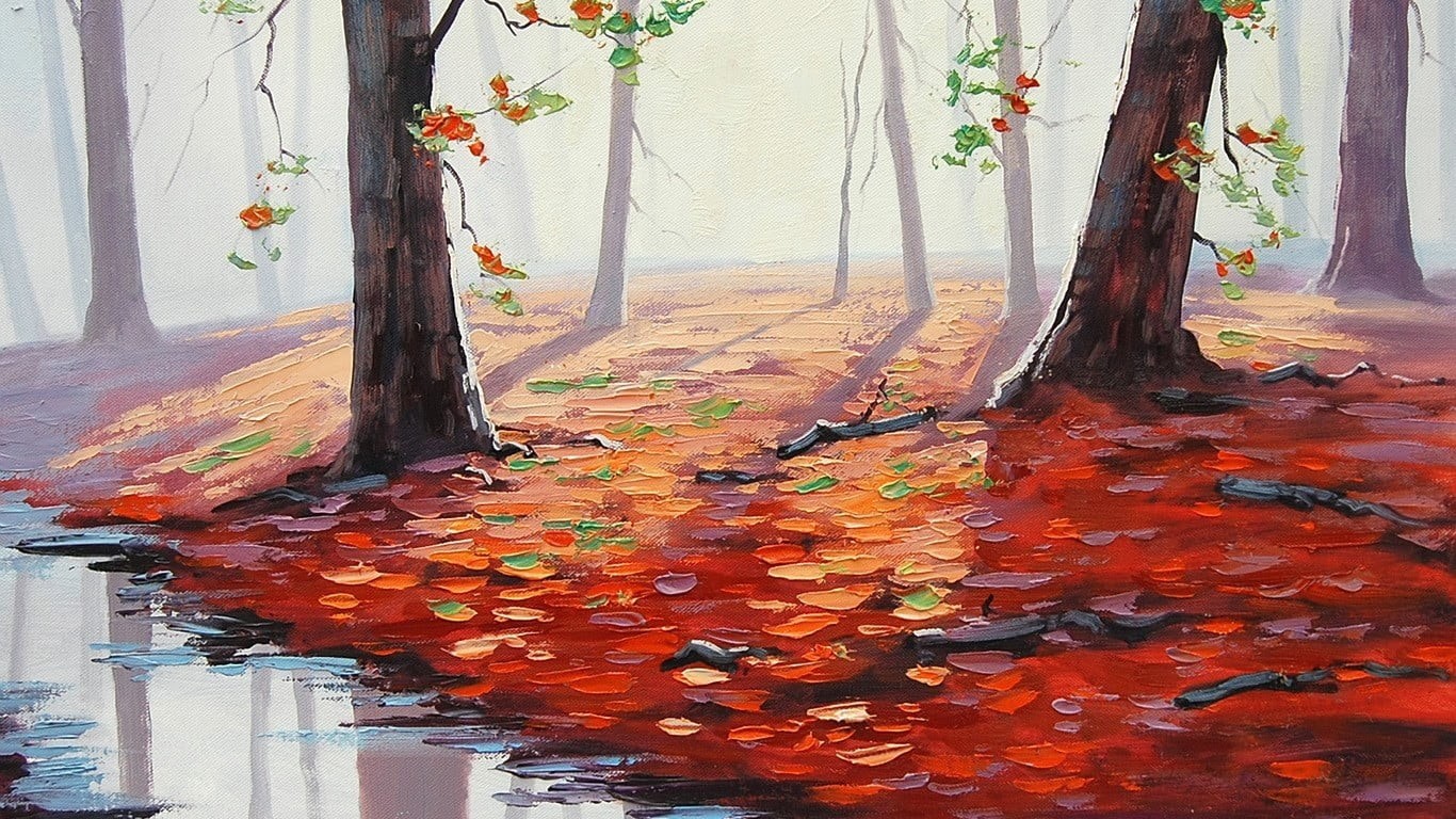 leaf, orange color, tree, no people, tree trunk, plant, land, Graham Gercken, water, near, trees, puddle, outdoors, nature, autumn, plant part, day, river, HD Wallpaper