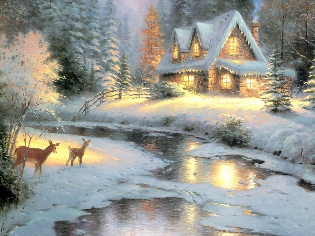 Thomas Kinkade, abstract, hd, kinkade, thomas, cottage, creek, 480P, art, snow, painting, deer, Christmas, HD Wallpaper