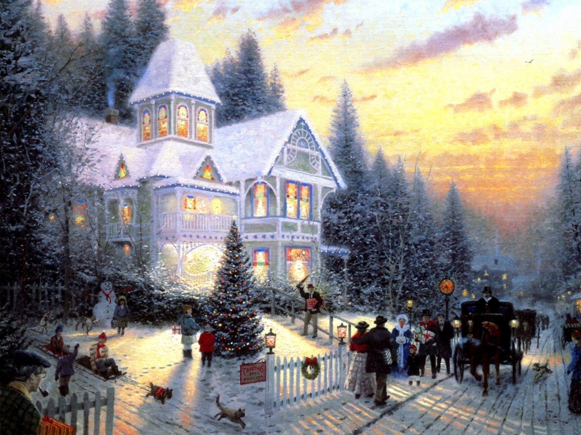 painting, sled, plant, cold - Temperature, cat, horse, built structure, christmas tree, cottage, coach, spirituality, storey, snowman, season, celebration, HD Wallpaper