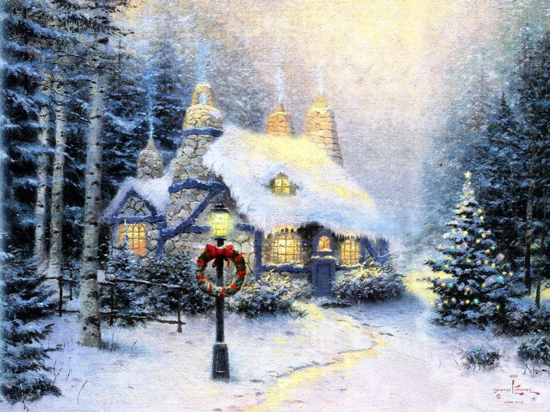 urban Scene, snow, wreath, landscape, garland, men, stone, tree, season, warm clothing, day, 1080P, women, extreme weather, standing, one person, real people, HD Wallpaper