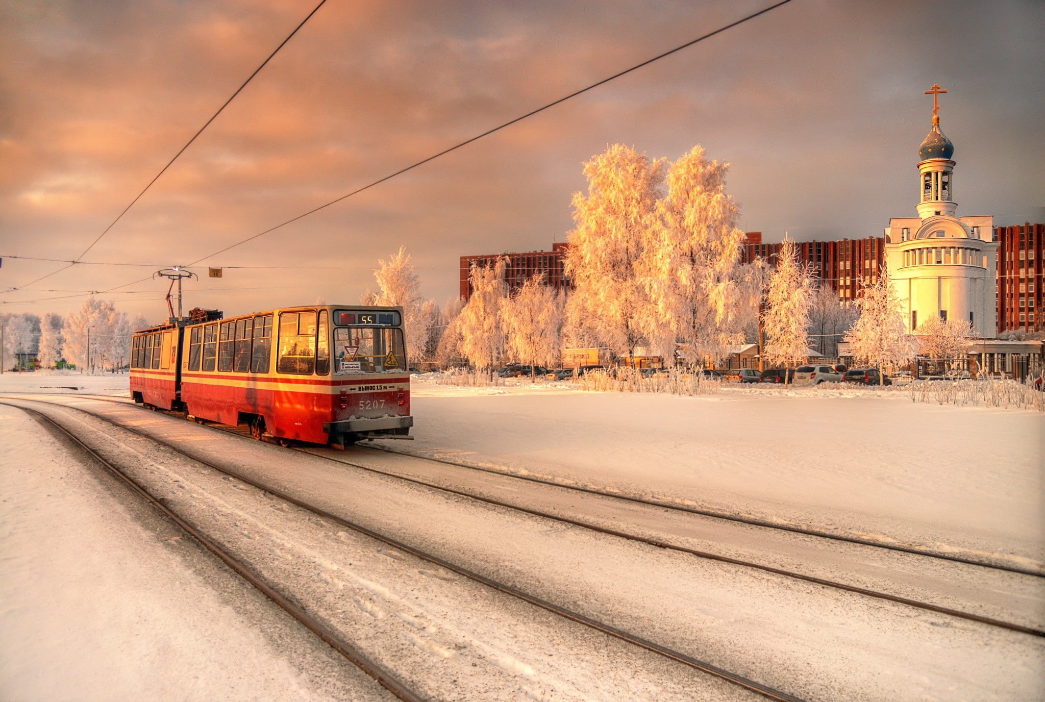 Russia, tram, city, Orthodox, St. Petersburg, snow, winter, 1080P, evening, church, HD Wallpaper