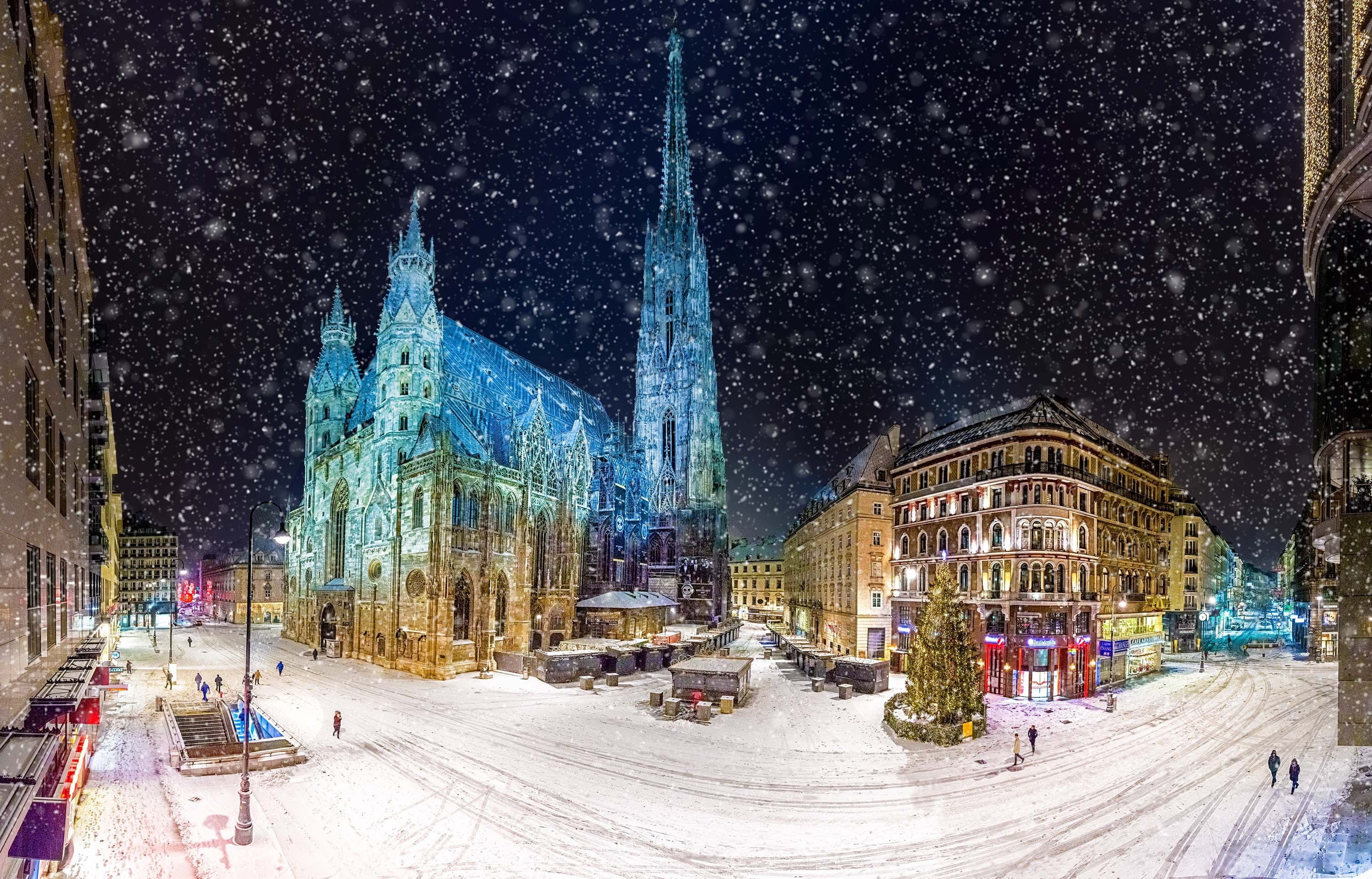 night, europe, panorama, winter, snow, street, building exterior, snowfall, illuminated, panoramic, 2K, snowing, tree, travel destinations, historic center, HD Wallpaper