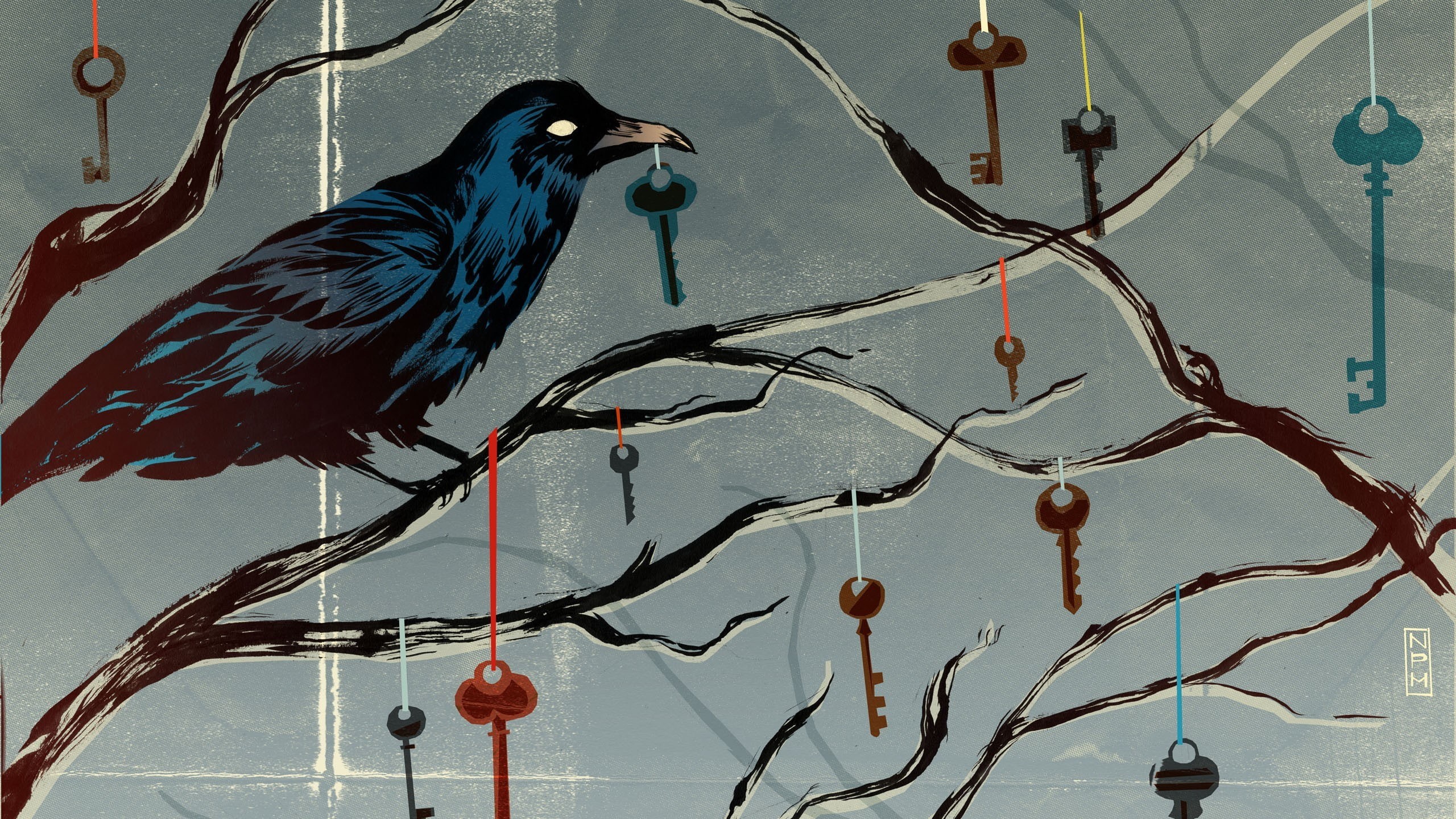 trees, raven, digital art, animals, 2K, keys, spooky, ribbon, artwork, drawing, crow, simple background, birds, branch, HD Wallpaper