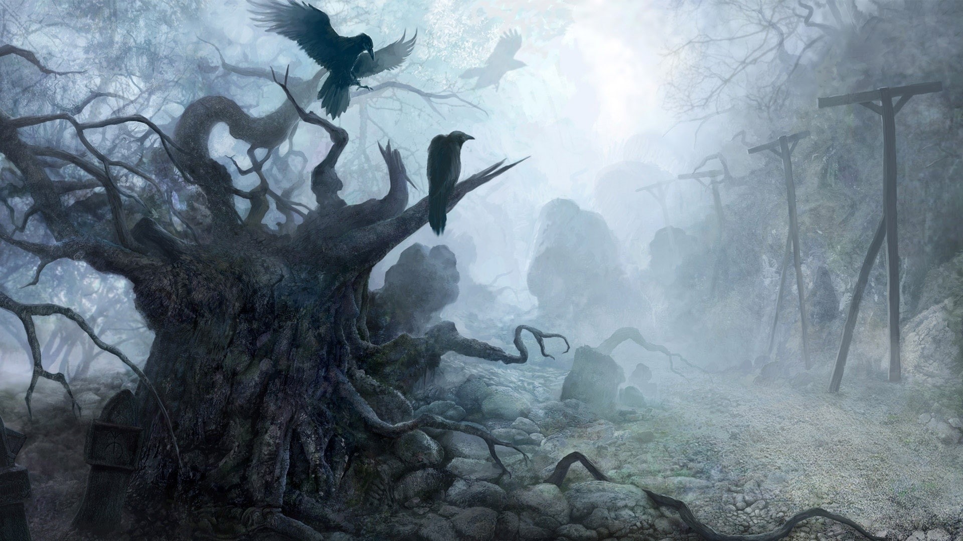 creepy, trees, stones, raven, column, animals, forest, 1080P, dark, branch, roots, fantasy art, birds, mist, nature, crow, HD Wallpaper