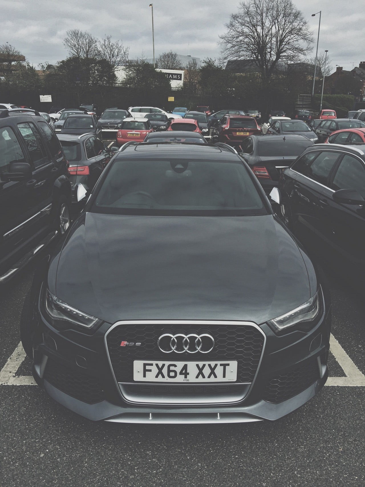 Audi, motor vehicle, Audi RS6 Avant, architecture, RS6, day, street, city street, parking lot, stationary, city, sign, land vehicle, Quattro, 720P, traffic, Phone HD Wallpaper