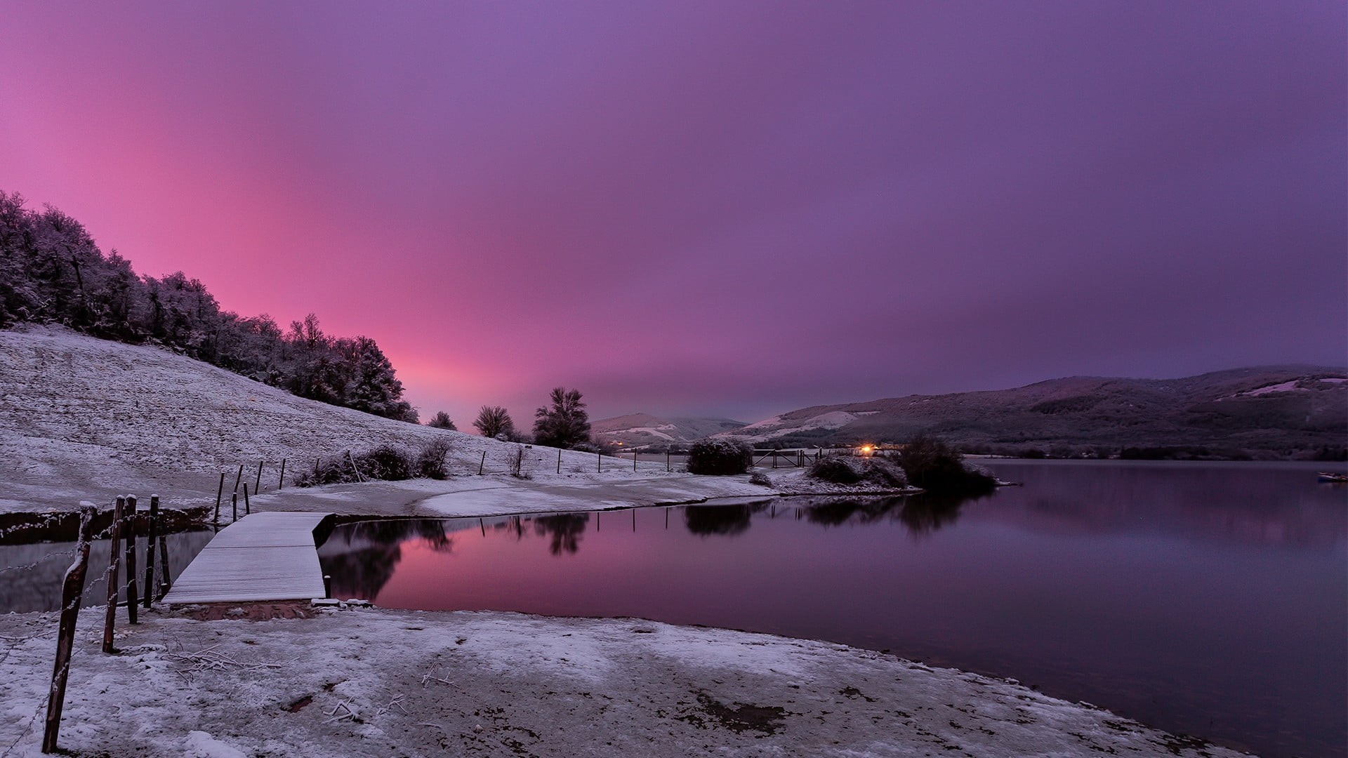 tranquility, trees, purple, environment, cold temperature, no people, foot, hills, sky, lake, landscape, lagoon, idyllic, board, tranquil scene, winter, HD Wallpaper