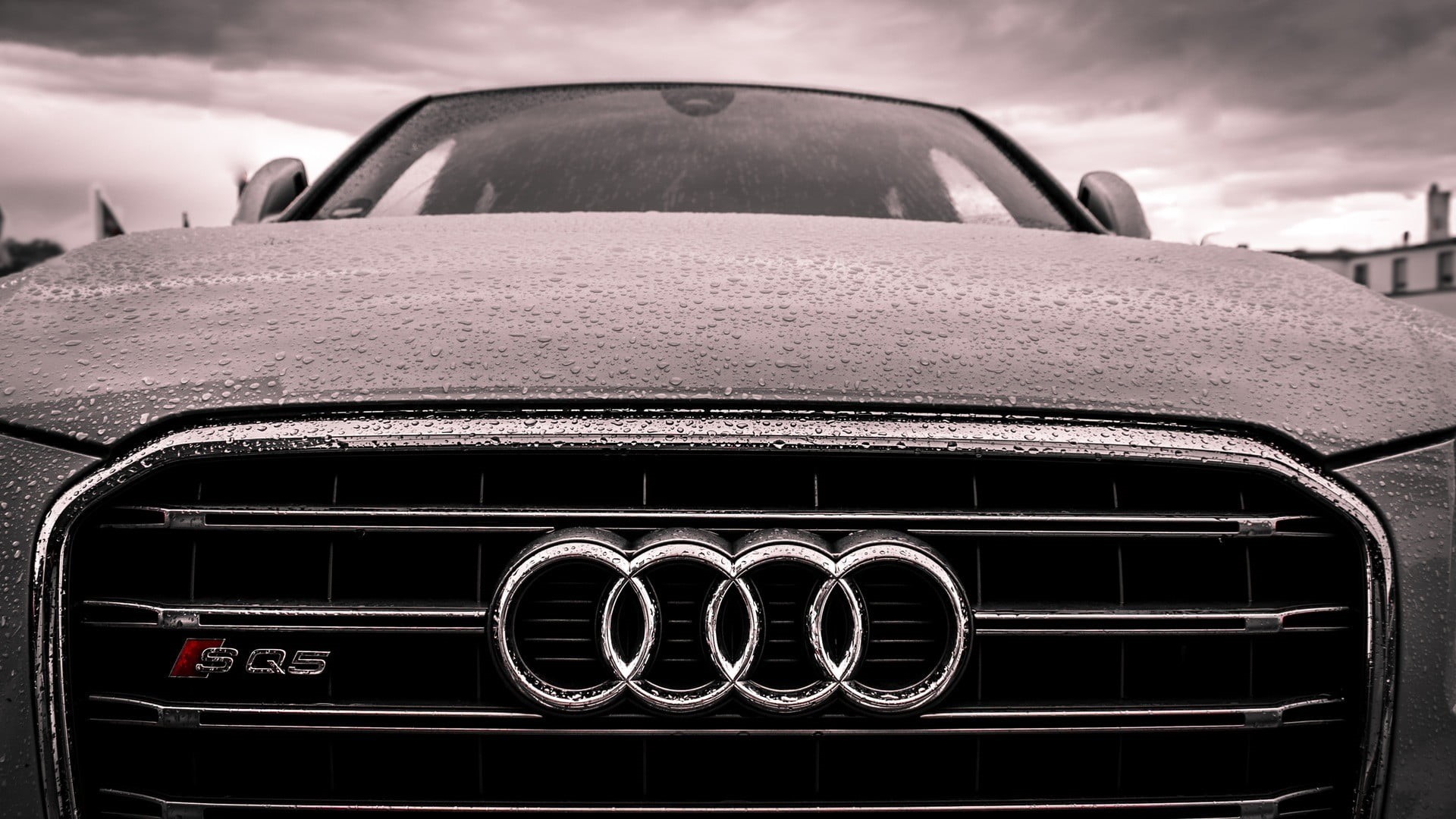 vehicle front, close-up, headlight, Audi SQ5, glass - material, nature, 1080P, gray, rain, Audi, metal, water drops, sky, outdoors, car interior, front view, HD Wallpaper