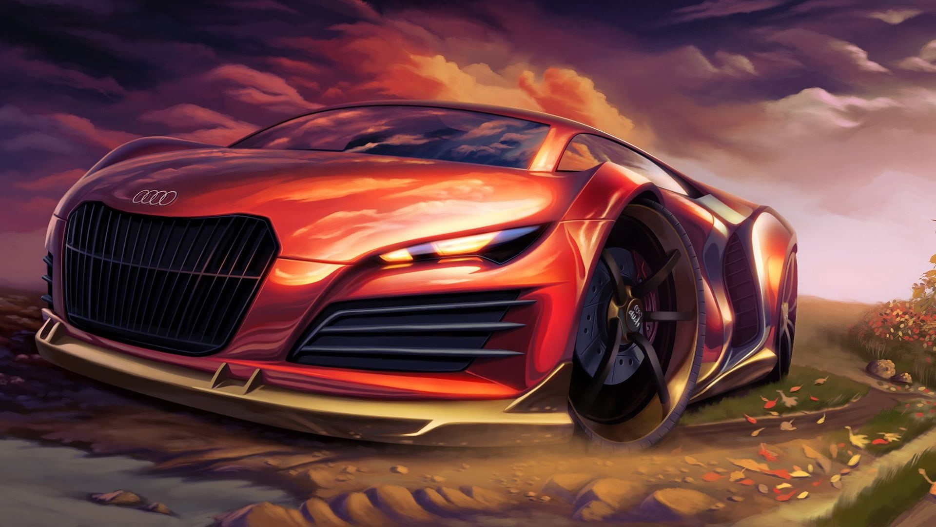 sports car, nature, sunset, car, mode of transportation, metal, wheel, digital art, transportation, red, outdoors, 1080P, brakes, racecar, road, leaves, HD Wallpaper
