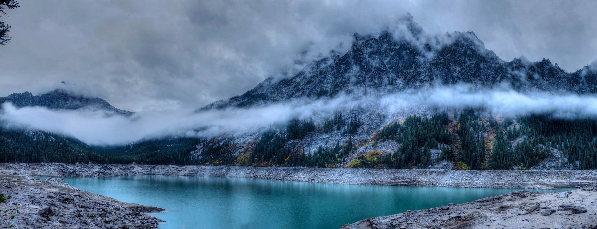 clouds, mountains, tree, white, outdoors, forest, no people, 1080P, plant, sky, land, landscape, black, mountain, water, woodland, nature, non-urban scene, HD Wallpaper