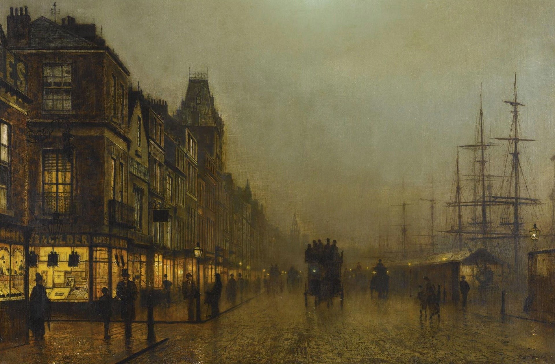 Liverpool Docks, promenade, picture, John Atkinson Grimshaw, home, ship, the urban landscape, 1080P, HD Wallpaper