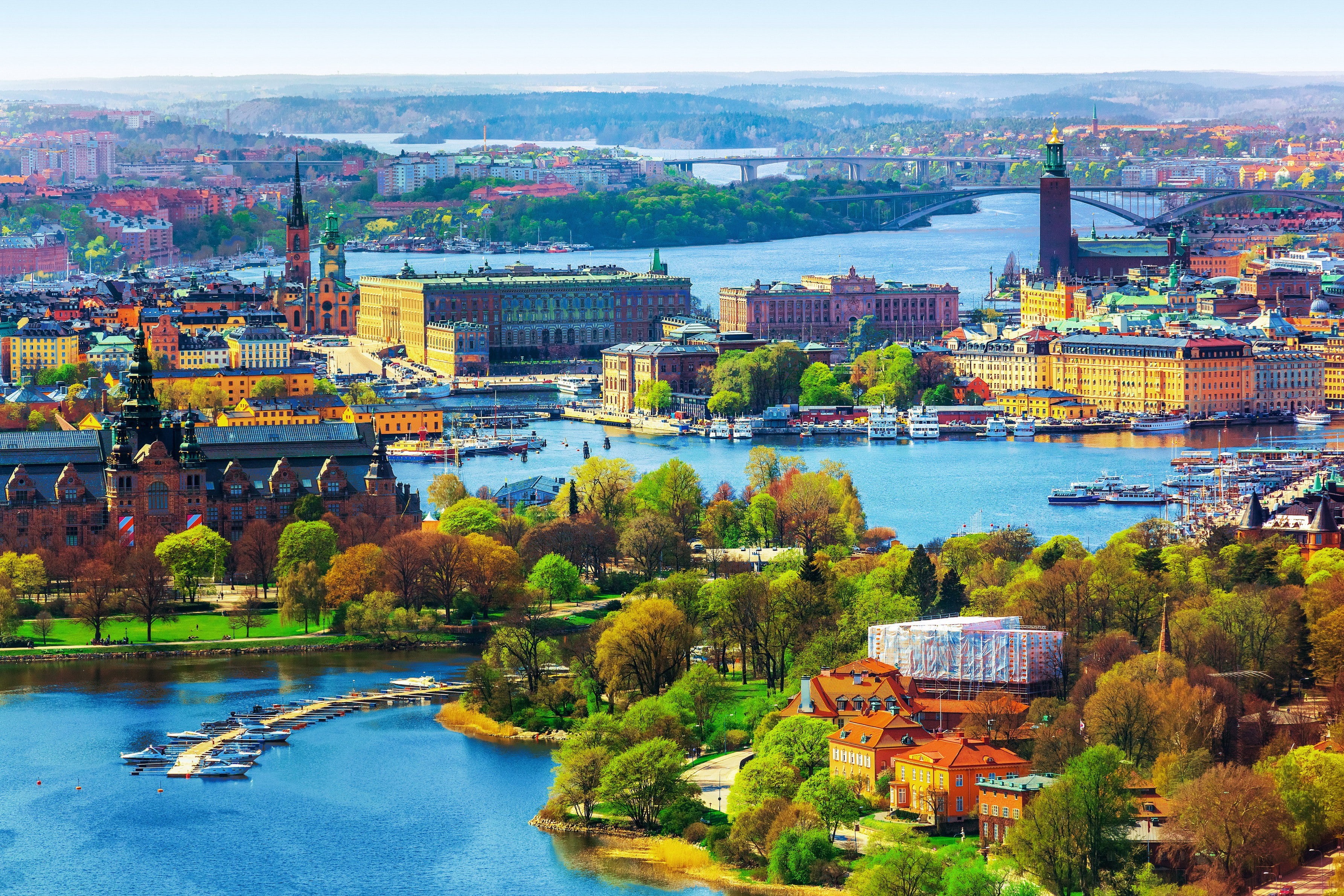 houses, boats, Sweden, trees, 2K, bridges, landscape, city, panorama, river, Stockholm, HD Wallpaper