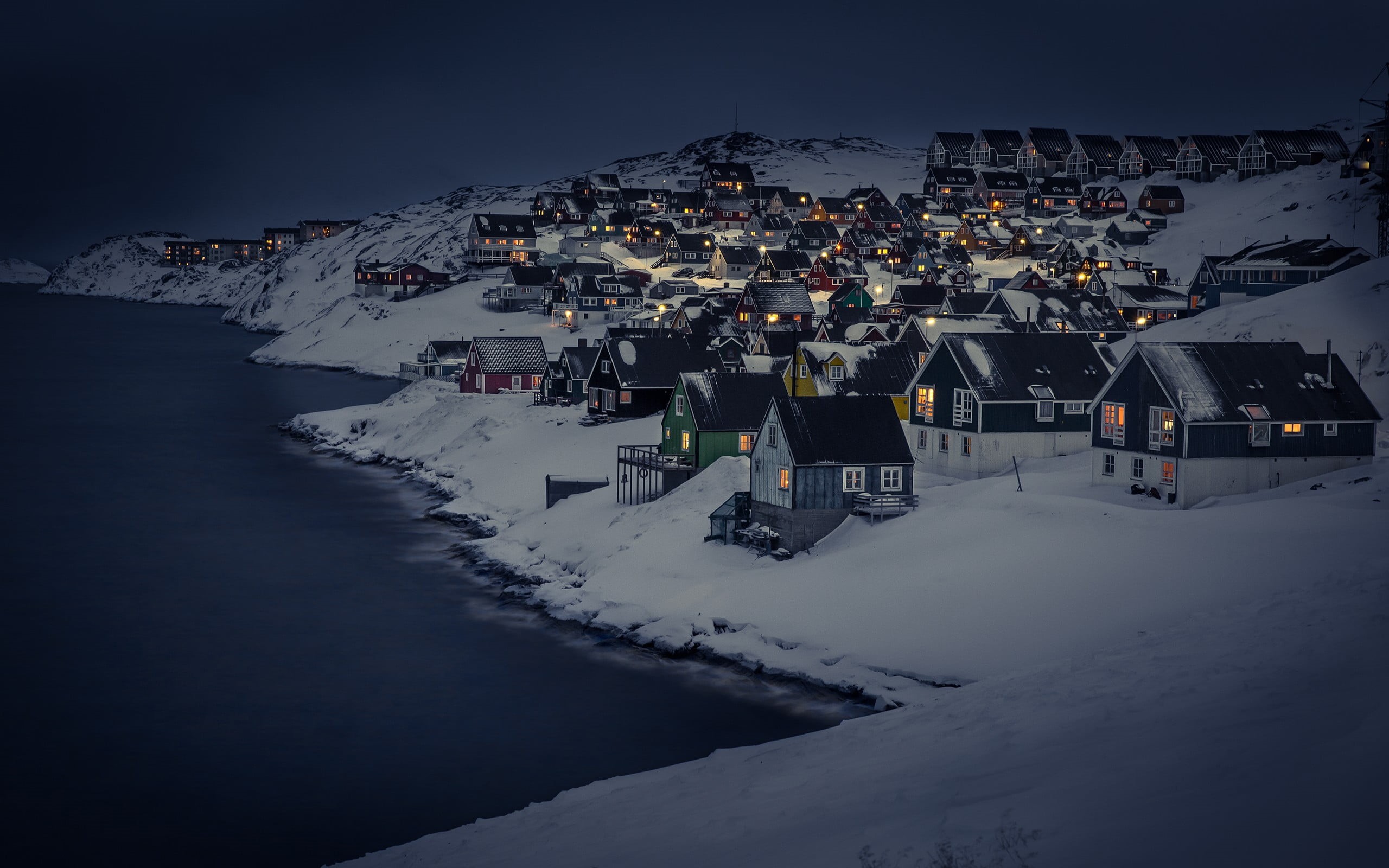 winter, Greenland, landscape, house, snowcapped mountain, built structure, townscape, lights, building exterior, mountain, black, 2K, Nuuk, nature, sea, HD Wallpaper