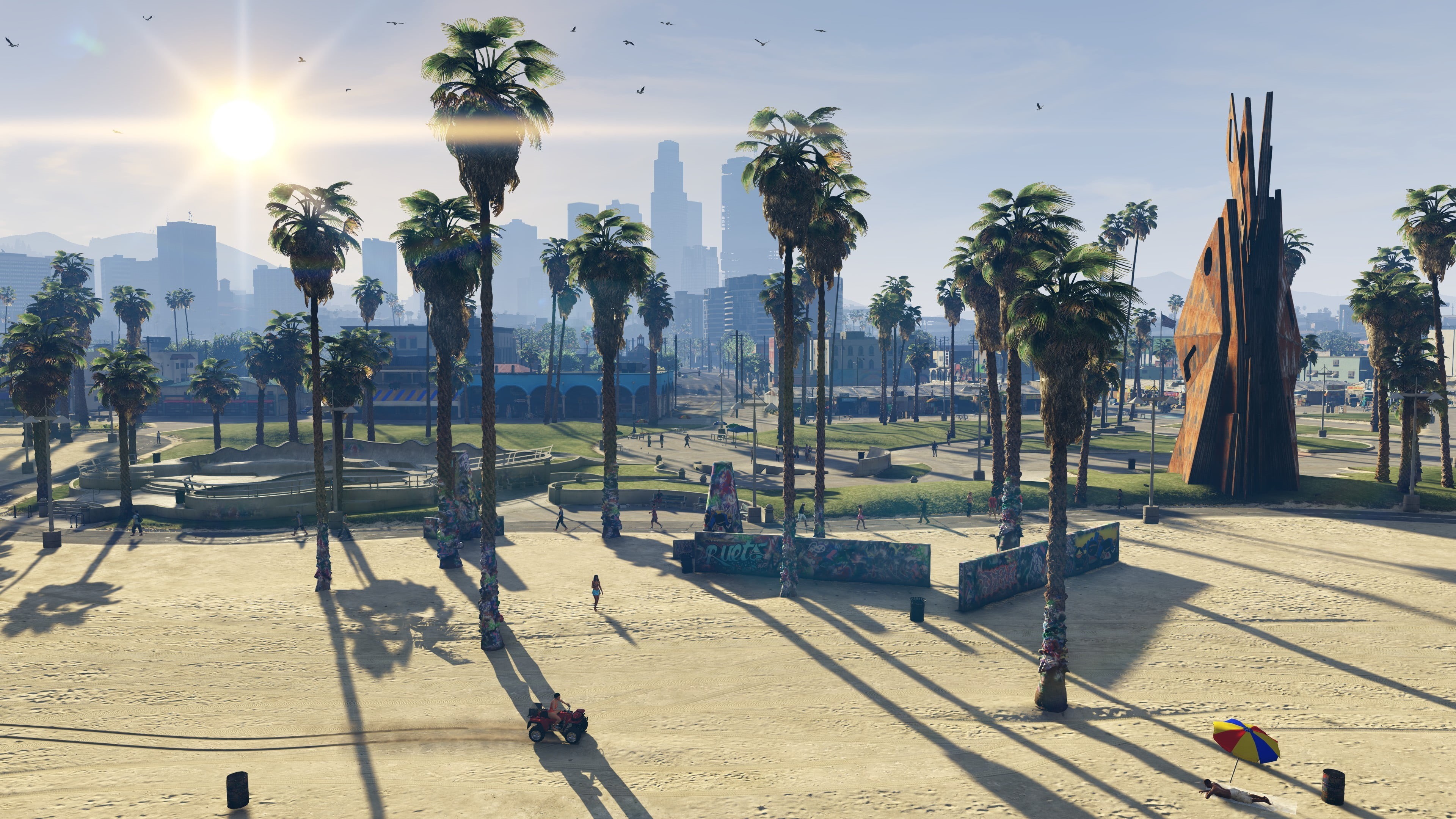 skyline, sunbeam, trees, growth, sunny, shadow, green, 4K, group of people, Grand Theft Auto V, plant, Grand Theft Auto V PC, incidental people, day, sun, HD Wallpaper