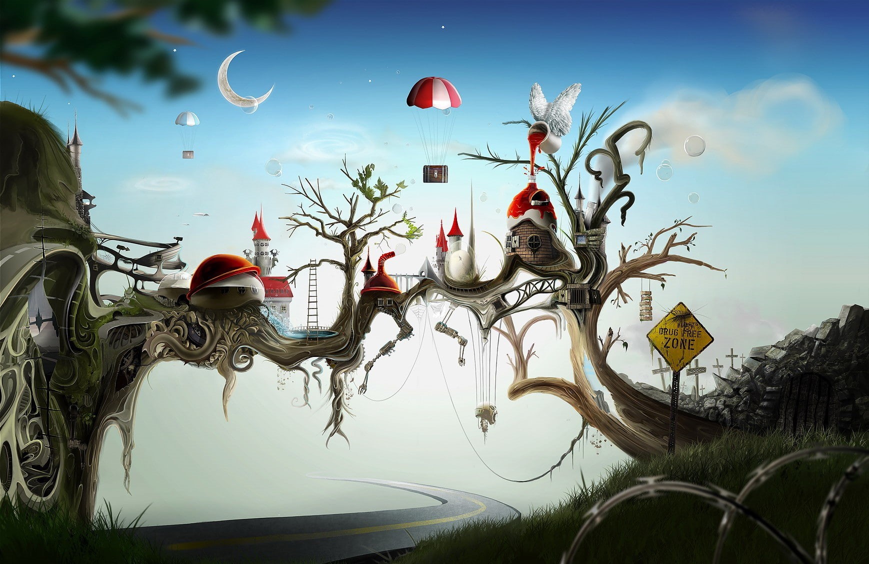 celebration, decoration, David Fuhrer, signs, trees, outdoors, growth, digital art, castle, day, lantern, artwork, 720P, low angle view, plant, water, HD Wallpaper