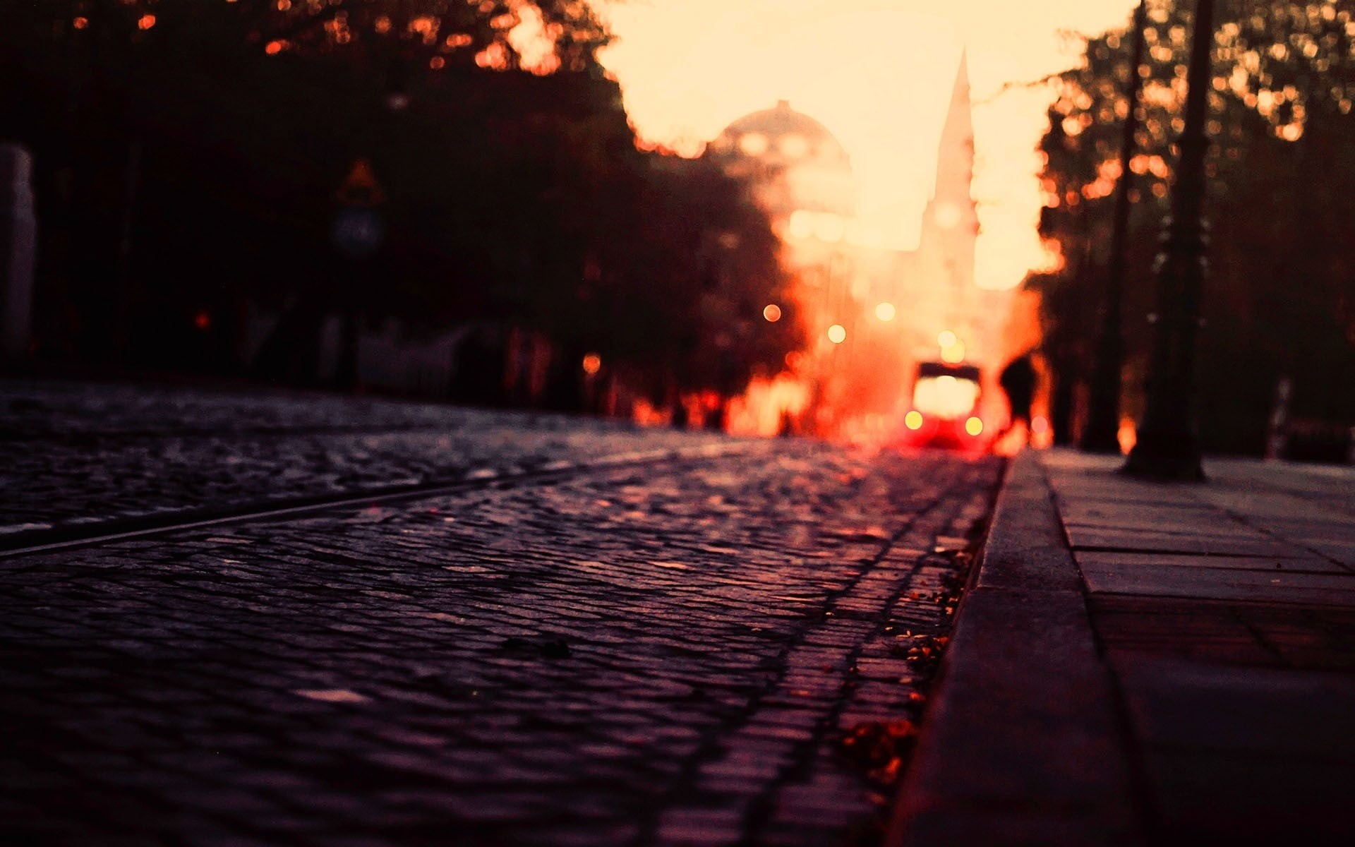road, pavements, untitled, abstract, sunset, transportation, dark, lamp, the way forward, sunlight, cobblestone, backgrounds, fall, architecture, silhouette, HD Wallpaper