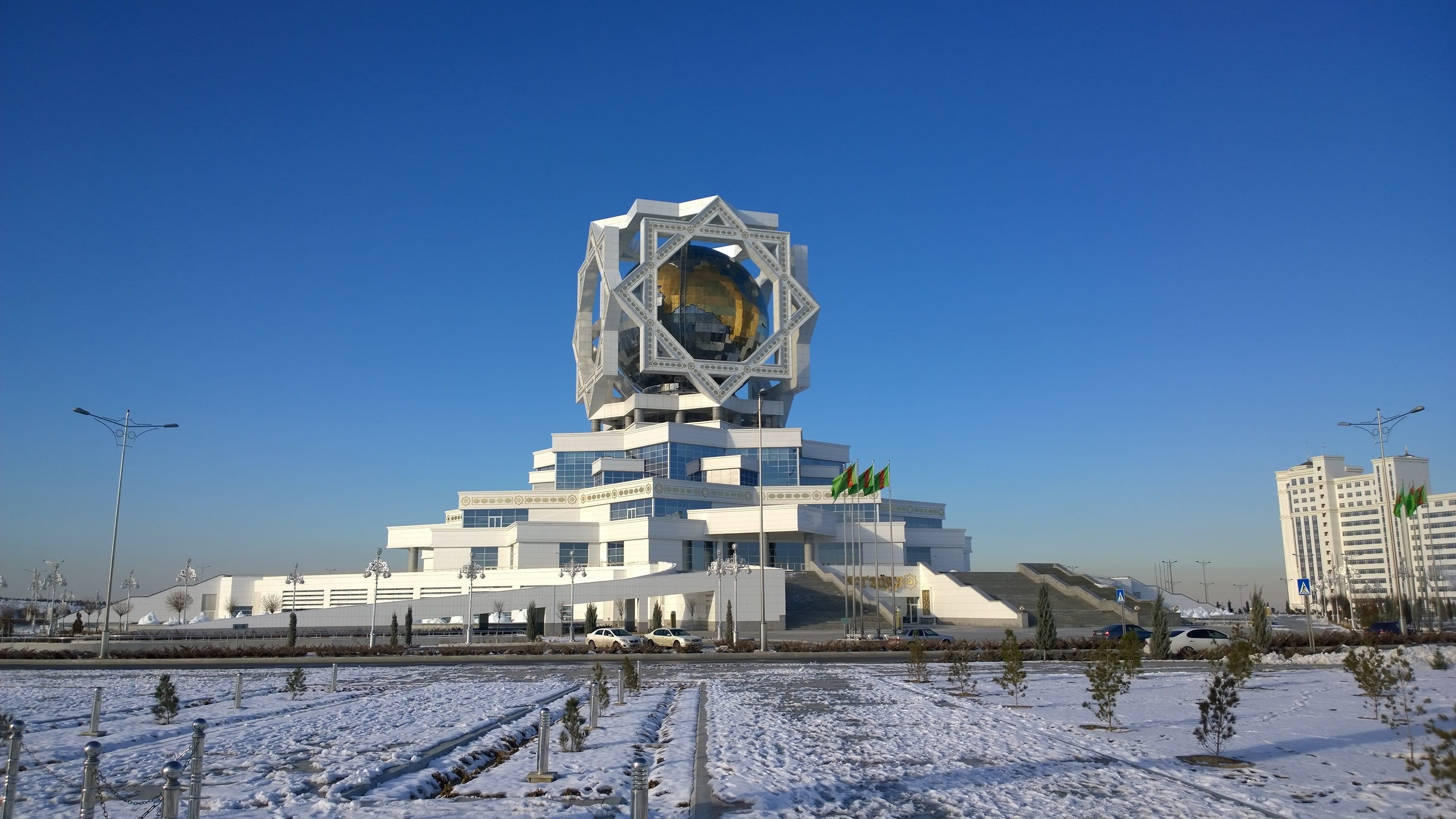 2K, Palace, Wedding, copy space, technology, clear sky, communication, environment, snow, built structure, Ashgabat, outdoors, cold temperature, no people, HD Wallpaper