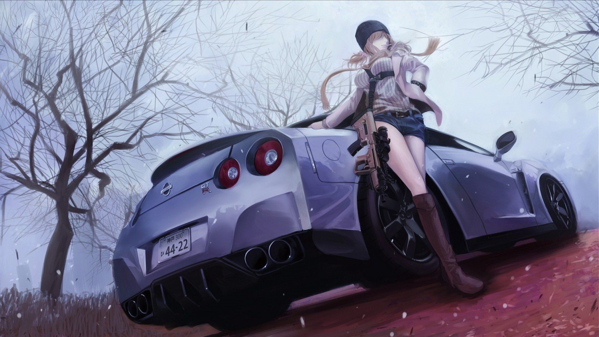 Machine Gun, Anime Girls, Nissan GTR, 1080P, anime, HD Wallpaper