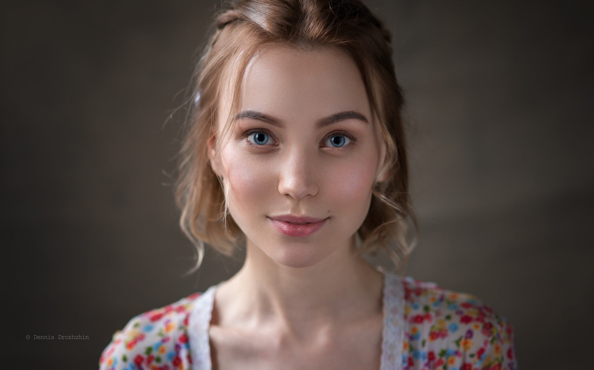 headshot, blonde, floral pattern, smiling, front view, beautiful woman, eyes, studio shot, adult, confidence, one person, looking at viewer, black background, HD Wallpaper