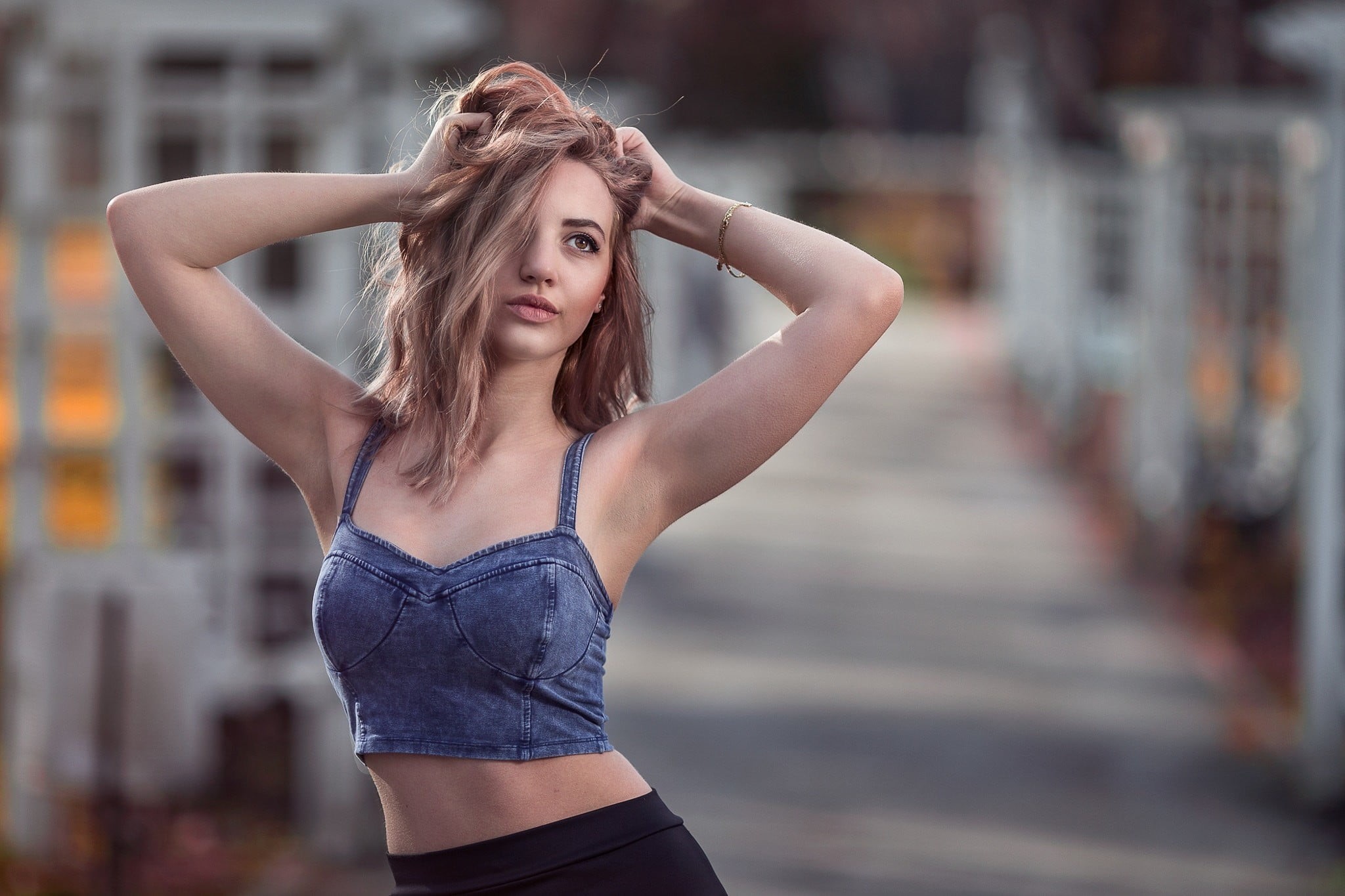 hands on head, 1080P, young women, looking away, depth of field, hair, beautiful woman, hairstyle, hand in hair, human arm, standing, long hair, outdoors, HD Wallpaper