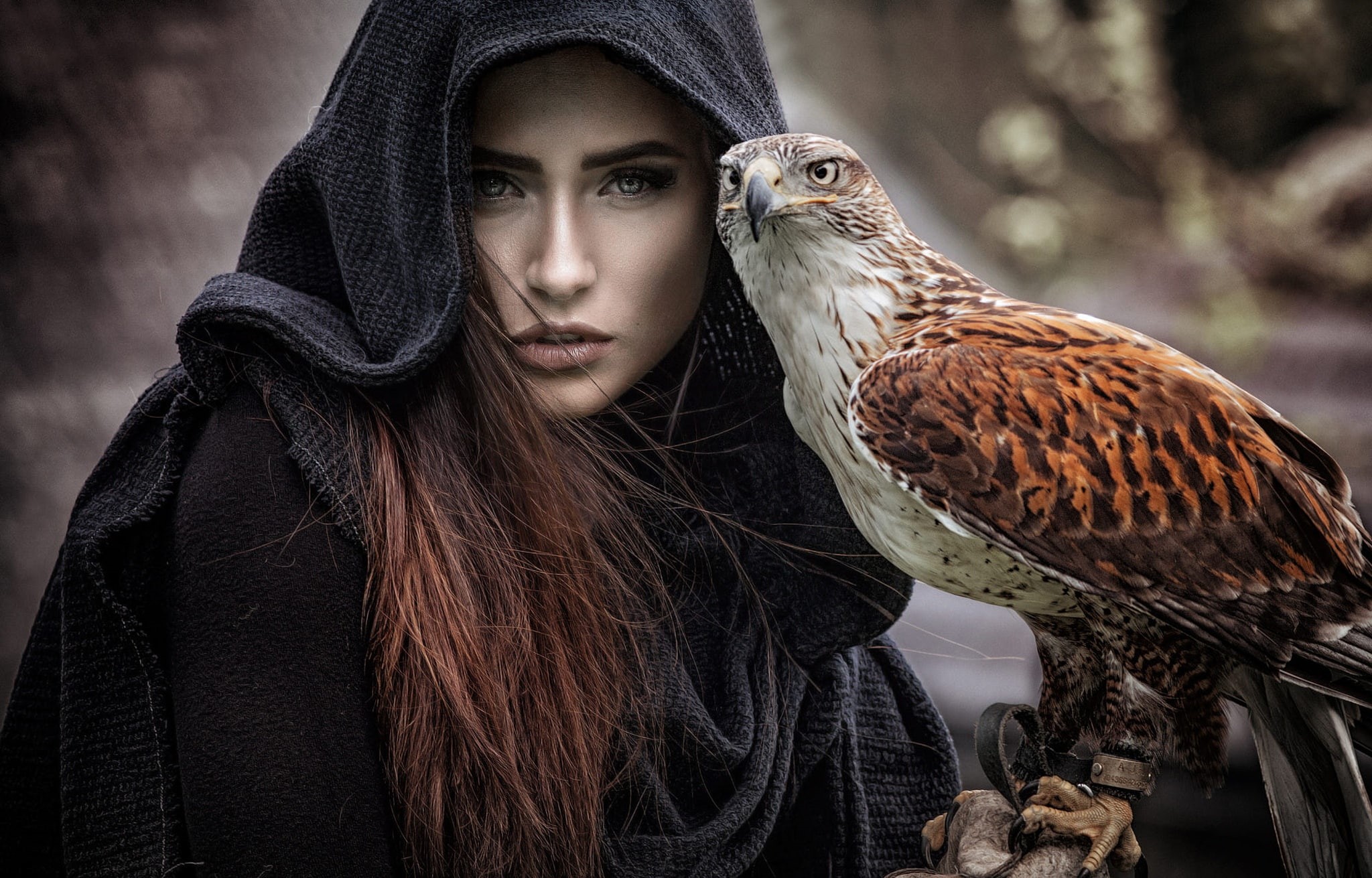 bird, young adult, bird of prey, leisure activity, hoods, animal wildlife, clothing, falcon - bird, portrait, fantasy girl, lifestyles, warm clothing, animals in the wild, HD Wallpaper