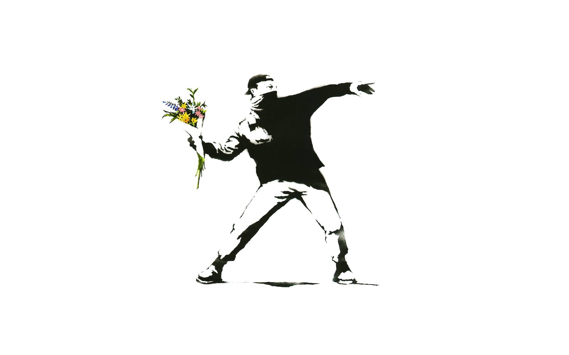 man, full length, flower, dancing, Banksy, copy space, indoors, one person, 1080P, men, lifestyles, flowers, studio shot, flowering plant, vulnerability, HD Wallpaper