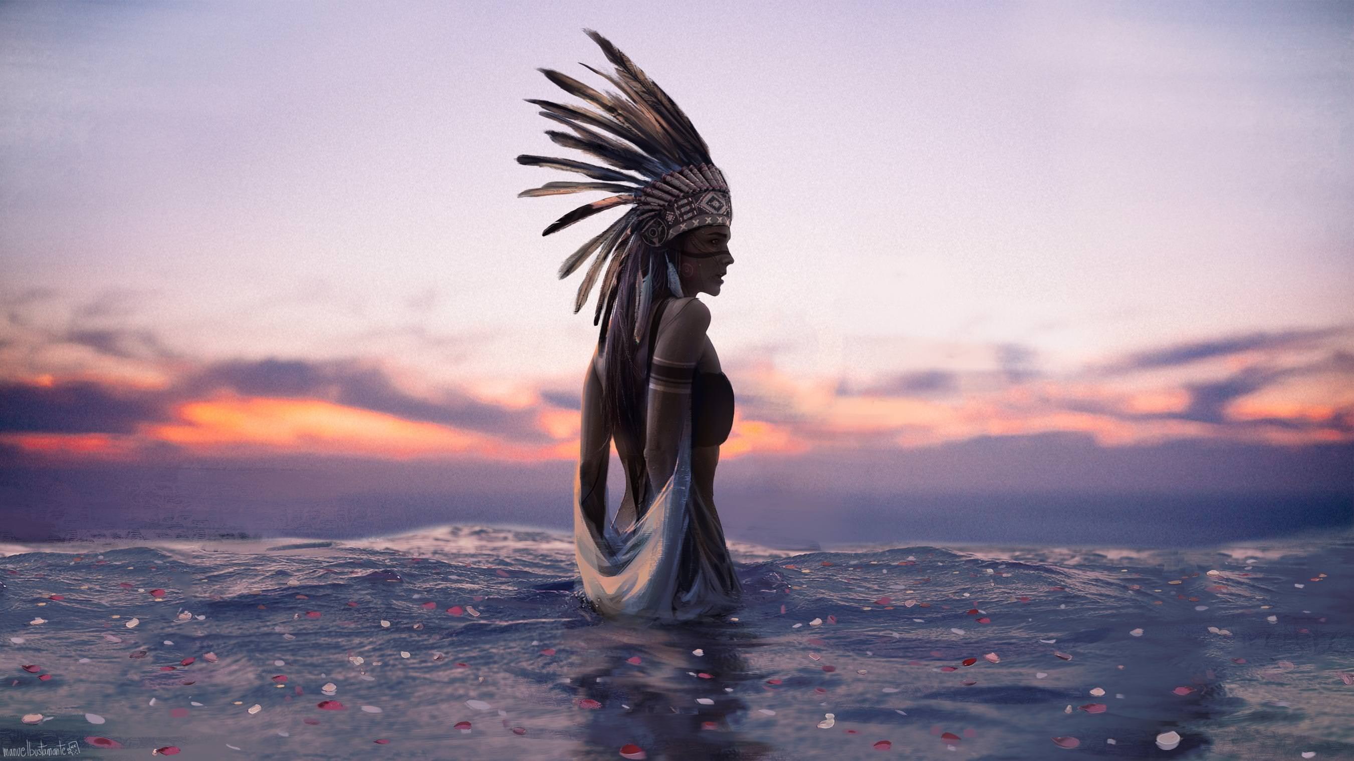 women, sunset, Native American clothing, water, 2K, Indian, digital art, HD Wallpaper