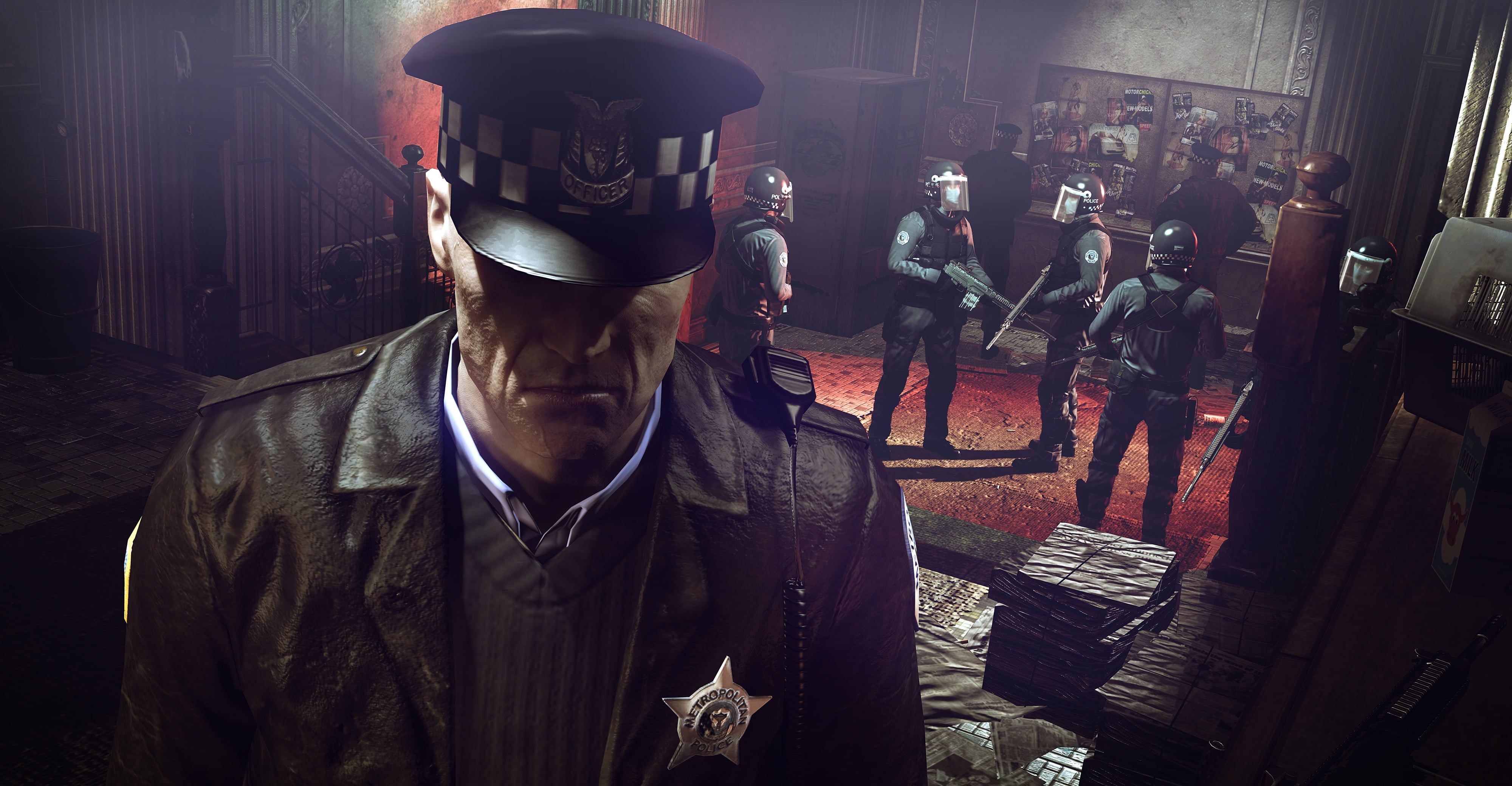 indoors, mask - disguise, real people, police, protection, night, occupation, mask, peaked, serious, uniform, front view, clothing, horror, hat, coat, man, HD Wallpaper