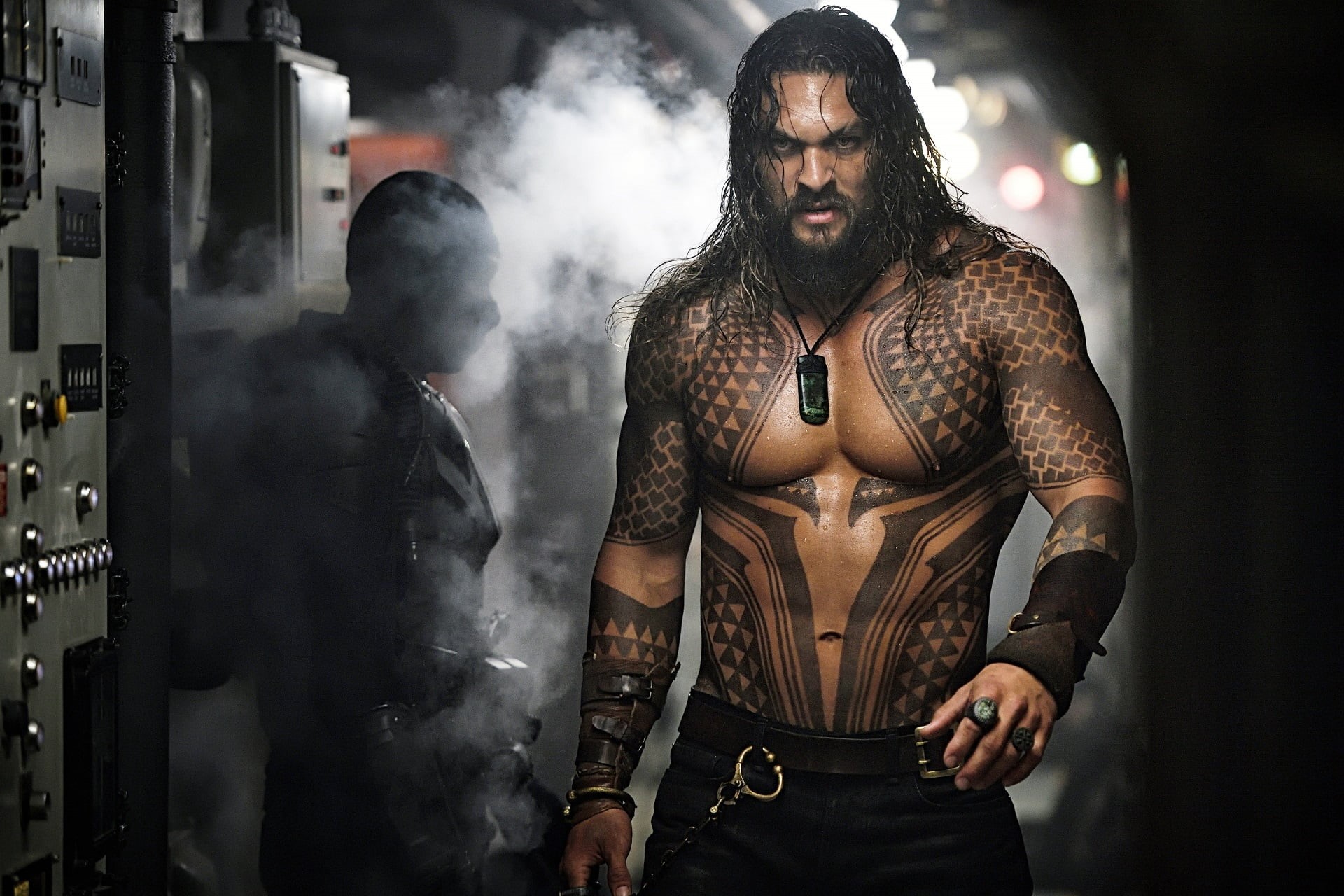 long hair, shirtless, dark hair, 1080P, movies, bearded, Aquaman, smoke, men, tattoo, beard, Jason Momoa, HD Wallpaper