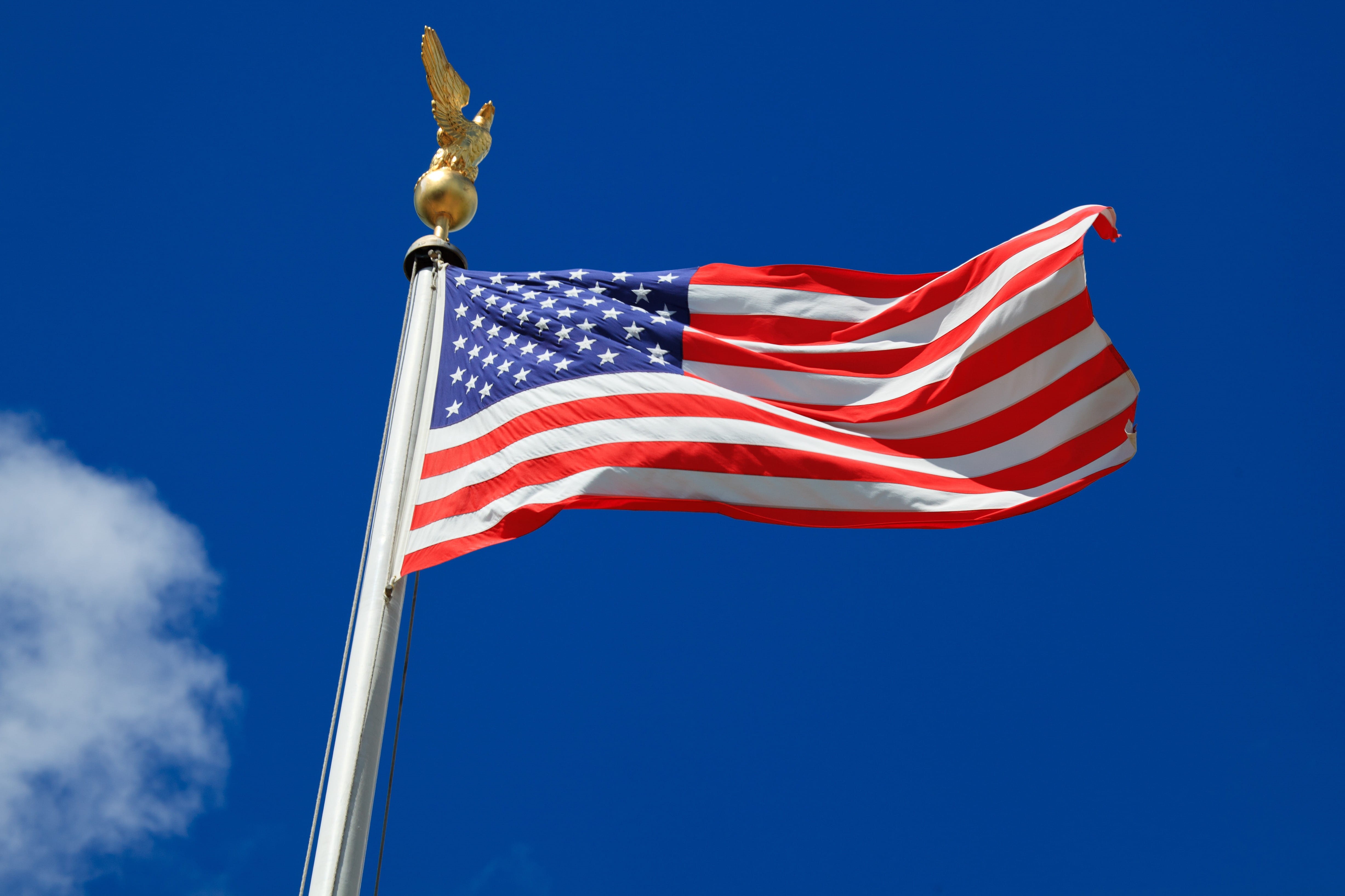 sky, environment, wind, star Shape, independence, waving, national icon, nature, color Image, striped, blue, july, states, red, freedom, american, american Culture, HD Wallpaper