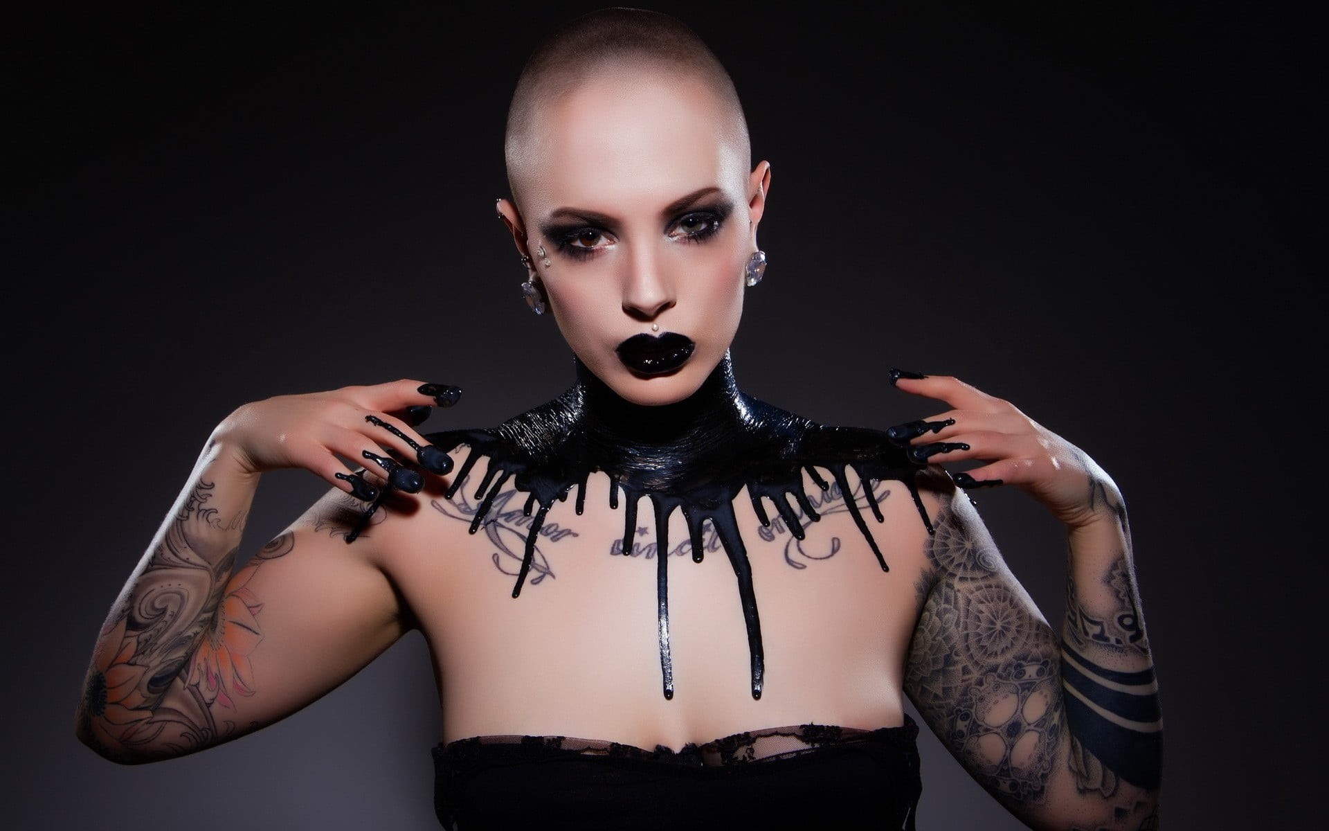 young adult, young women, human body part, evil, adult, women, 1080P, front view, beautiful woman, hairstyle, indoors, black background, Gothic, tattoo, HD Wallpaper