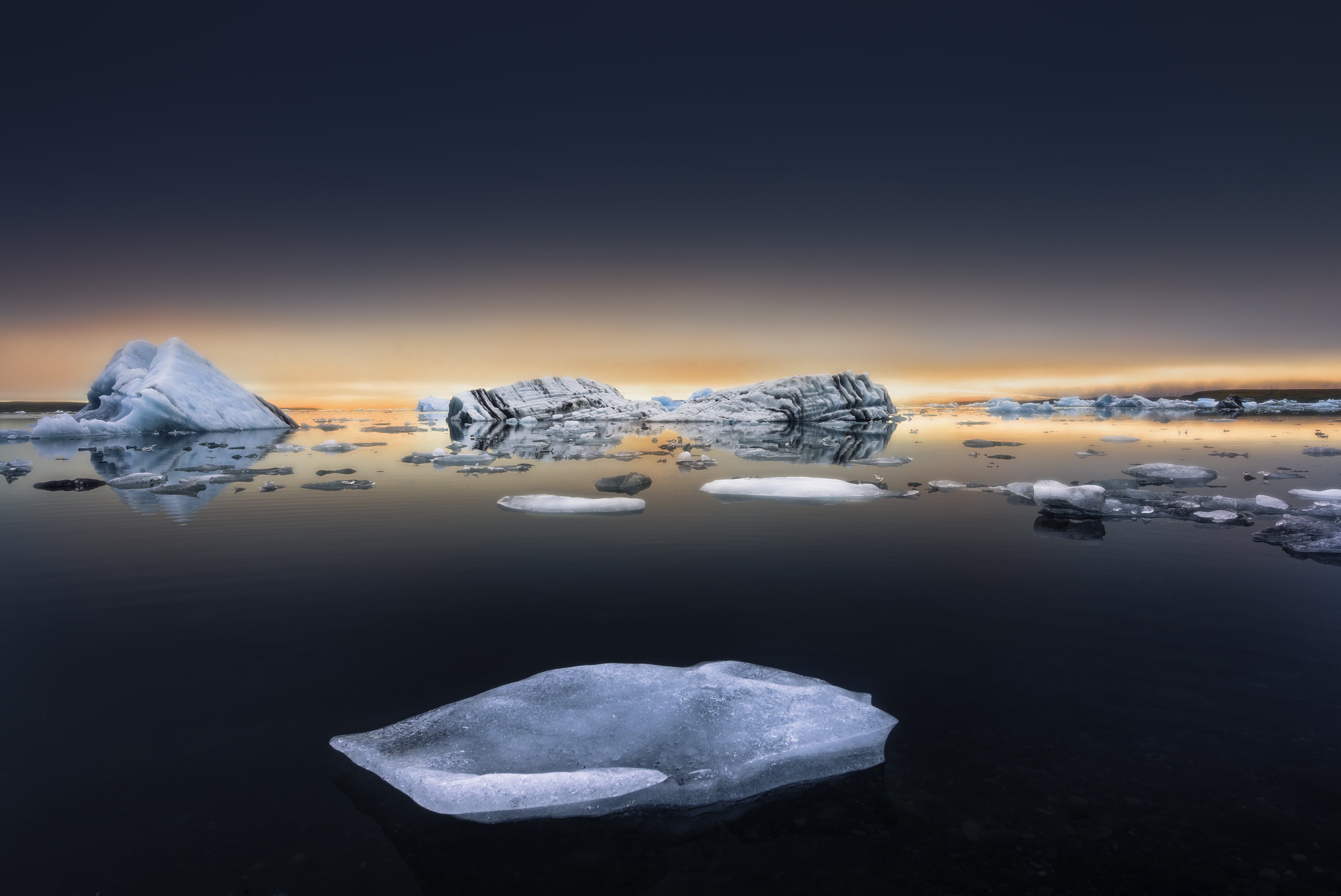 lagoon, Ice, sun, blue, melting, south, 5K, nature, sunset, frozen, ngc, jokulsarlon Lagoon, blue  orange, Jökulsárlón, reflection, cold - Temperature, HD Wallpaper