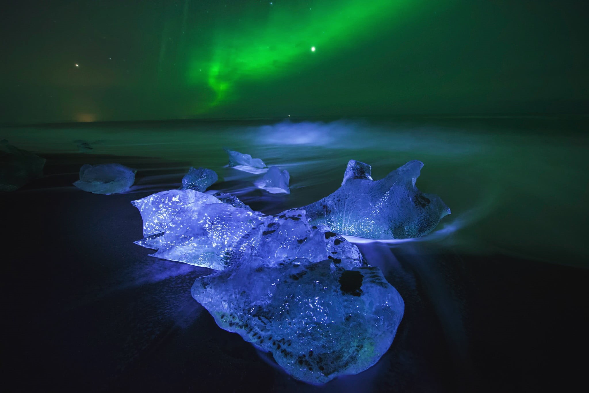 sea life, underwater, blue, glowing, night, nature, cold temperature, solid, beauty in nature, Iceland, northern, ice, no people, glacier, winter, aurorae, HD Wallpaper