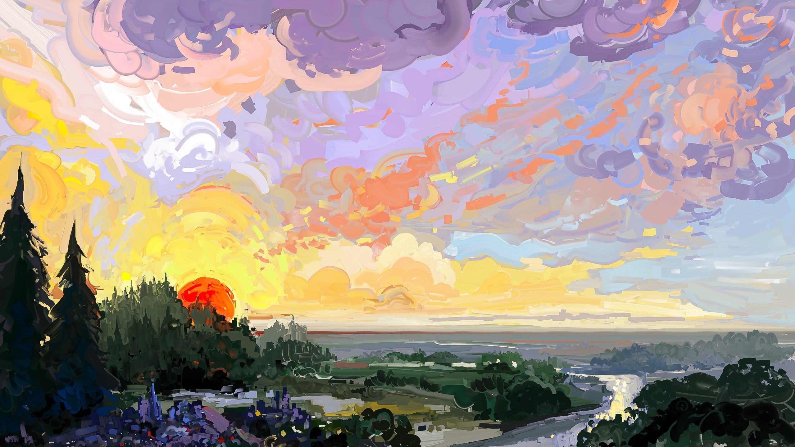Hangmoon, trees, sunset, digital art, painting, 2K, river, nature, HD Wallpaper