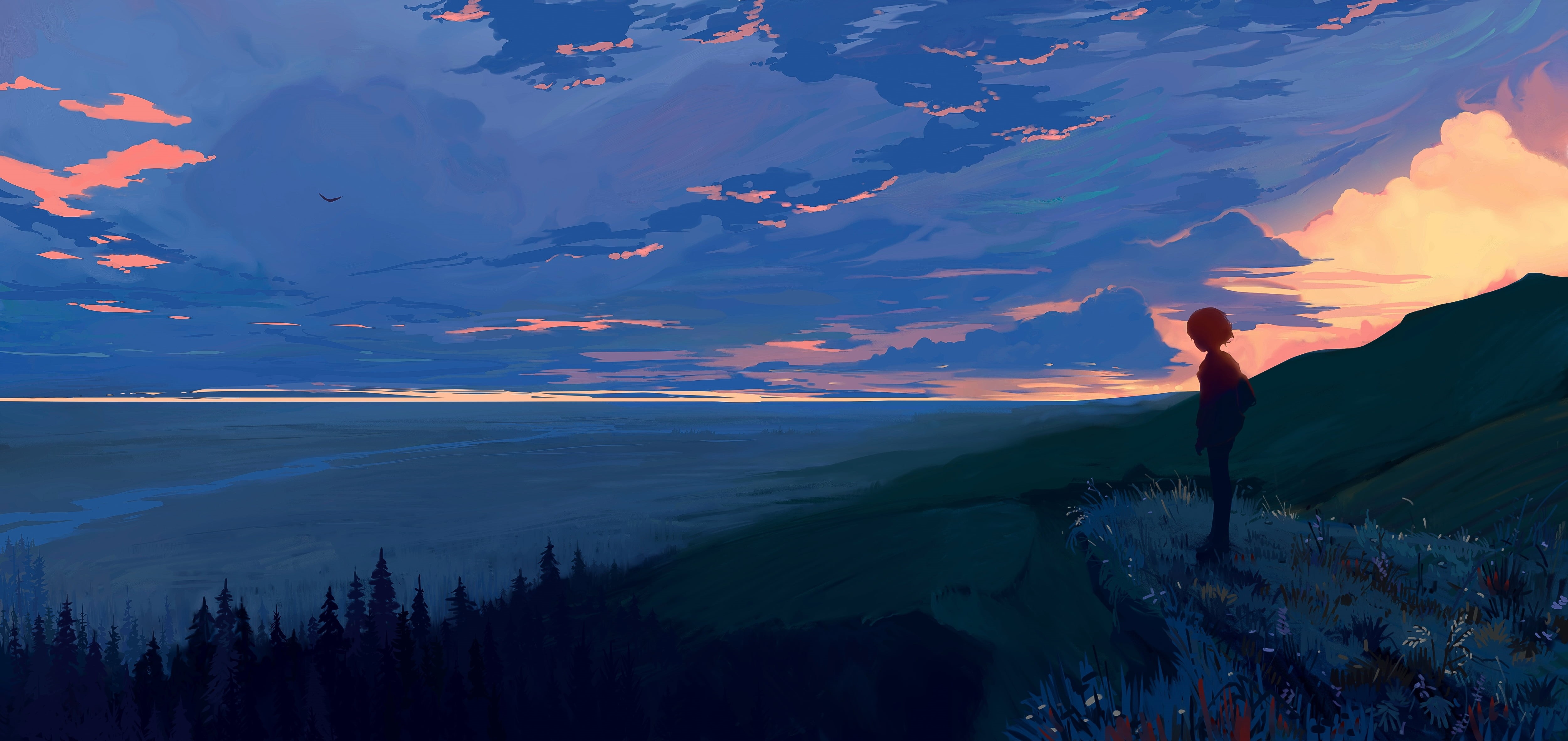 mountains, Hangmoon, trees, children, sunset, birds, path, clouds, artwork, 4K, HD Wallpaper