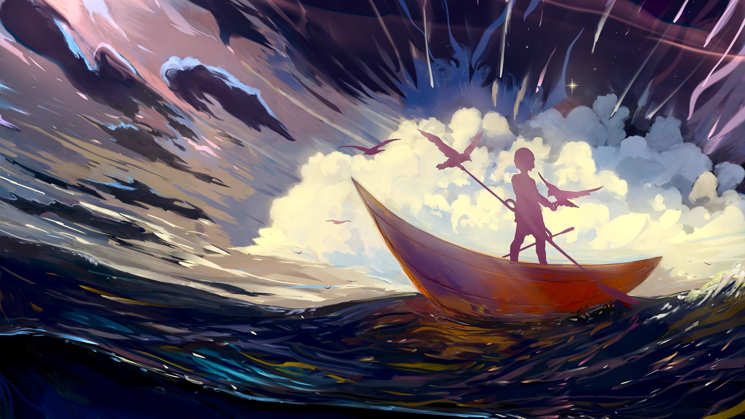 boat, fantasy, sea, 2K, day, water, beauty in nature, hangmoon, Storm, floating on water, freshness, art, bird, flowering plant, waterfront, nature, luminos, HD Wallpaper