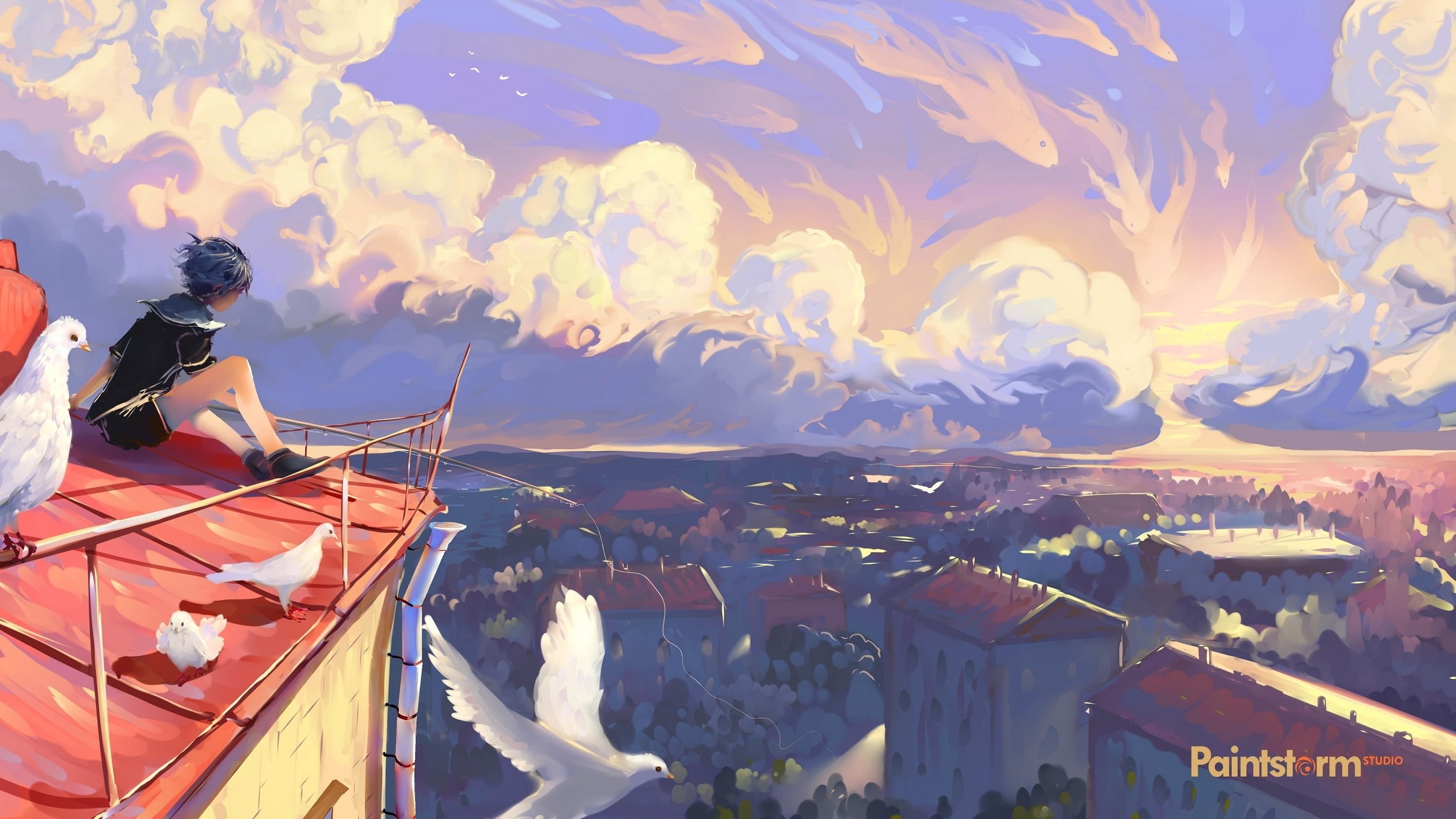 sitting, sailor, summer day, panorama of the city, 1080P, boy, pigeons, the view from the top, art, on the roof, Hangmoon, dreamer, the roofs of the houses, HD Wallpaper
