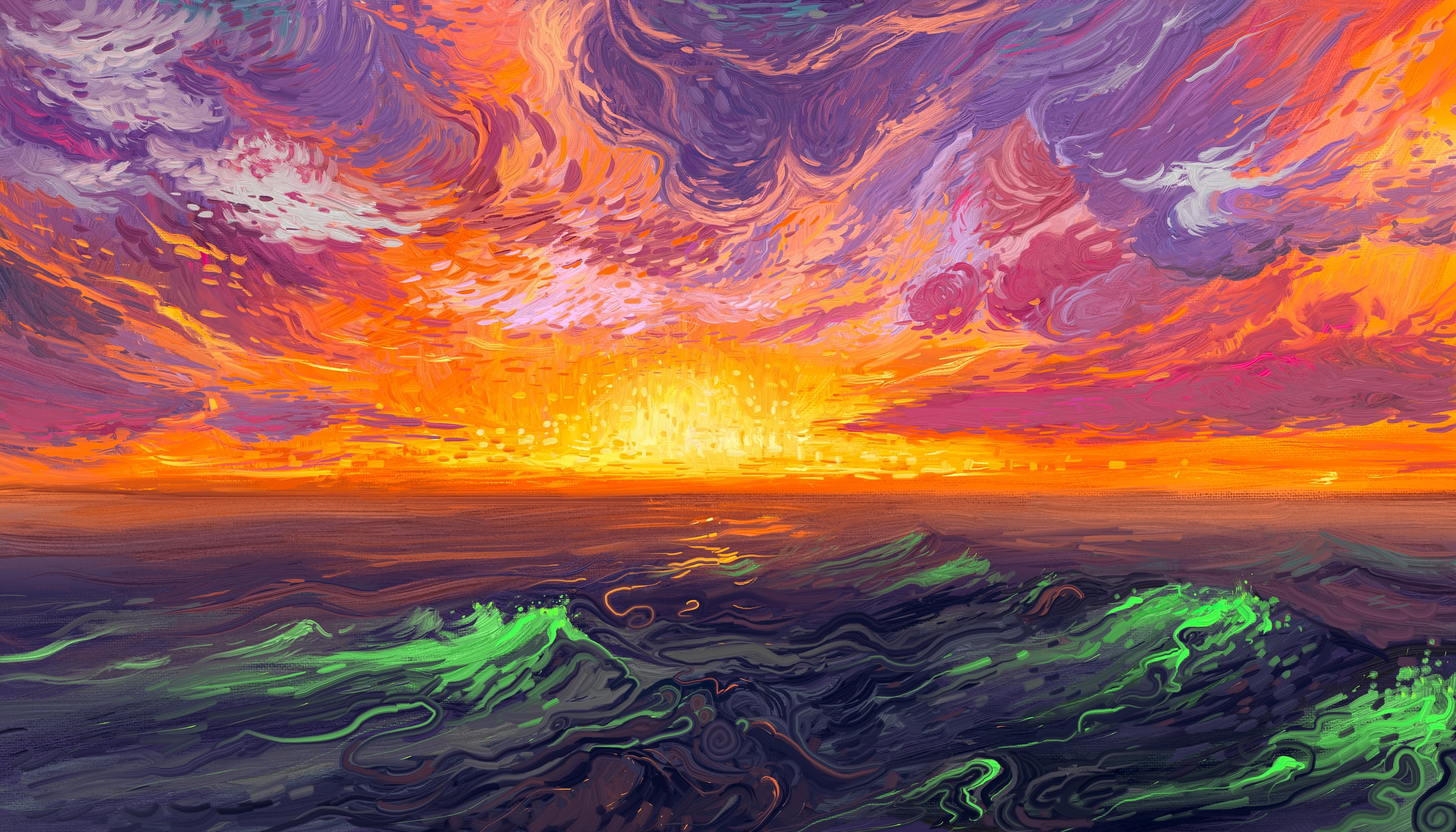 painting, sunrise, sea, waves, 4K, Hangmoon, digital art, HD Wallpaper
