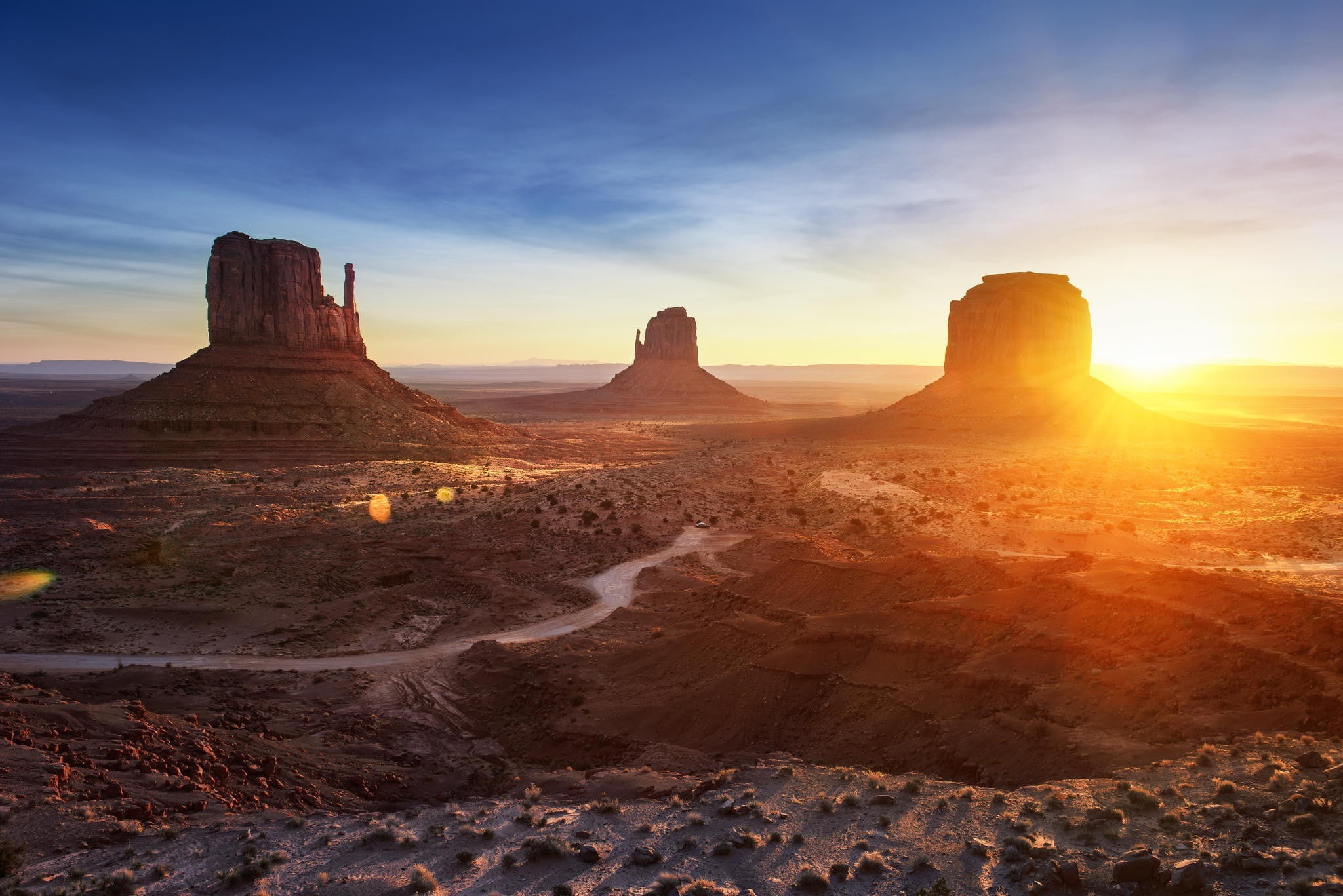 Monument Valley, USA, sunset, clouds, desert, sky, 1080P, Sun, nature, landscape, HD Wallpaper