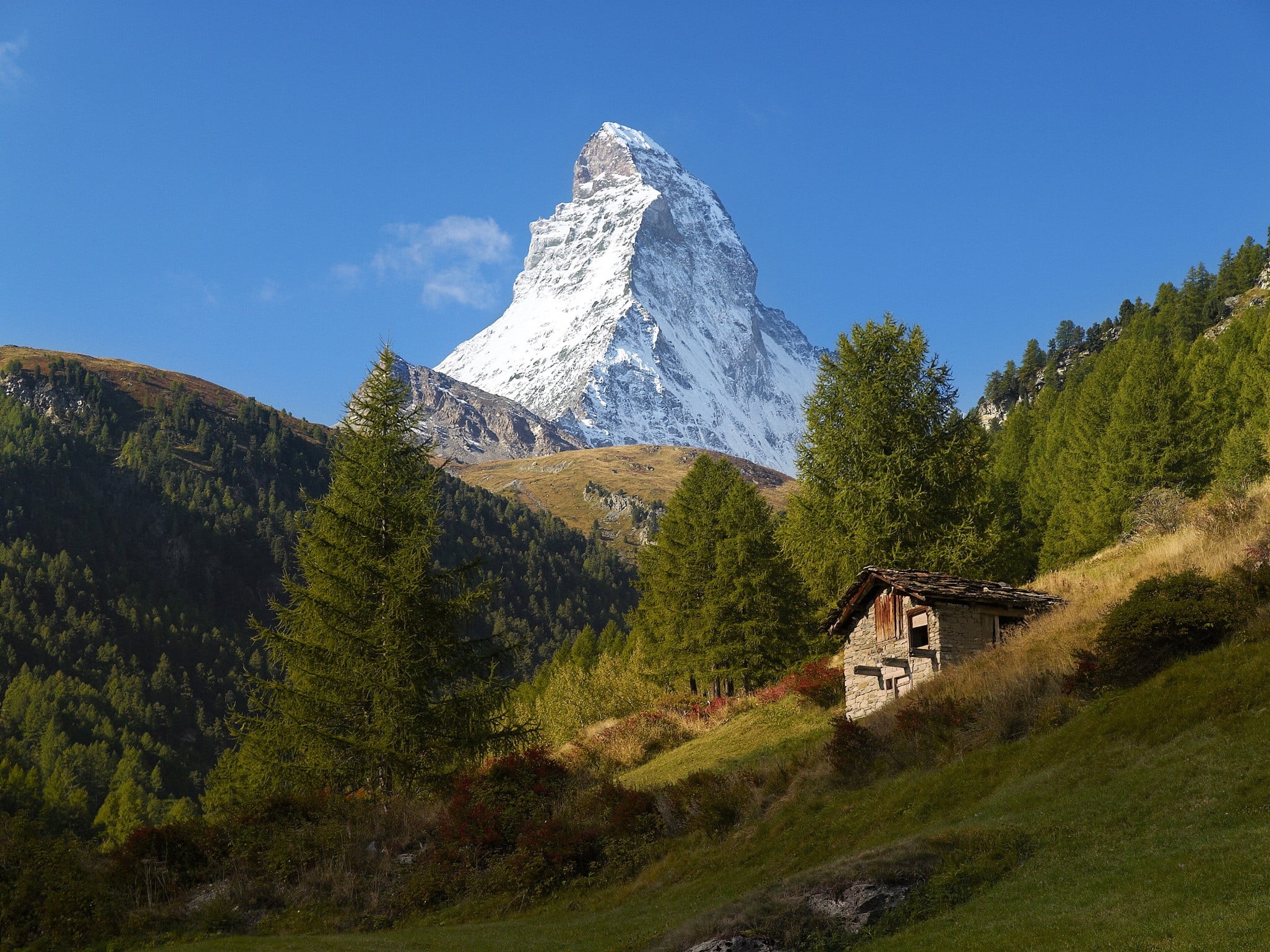 beauty in nature, cottage, sky, plant, house, trees, tree, scenics - nature, Matterhorn, brown, cold temperature, landscape, white, snow, chalet, built structure, HD Wallpaper
