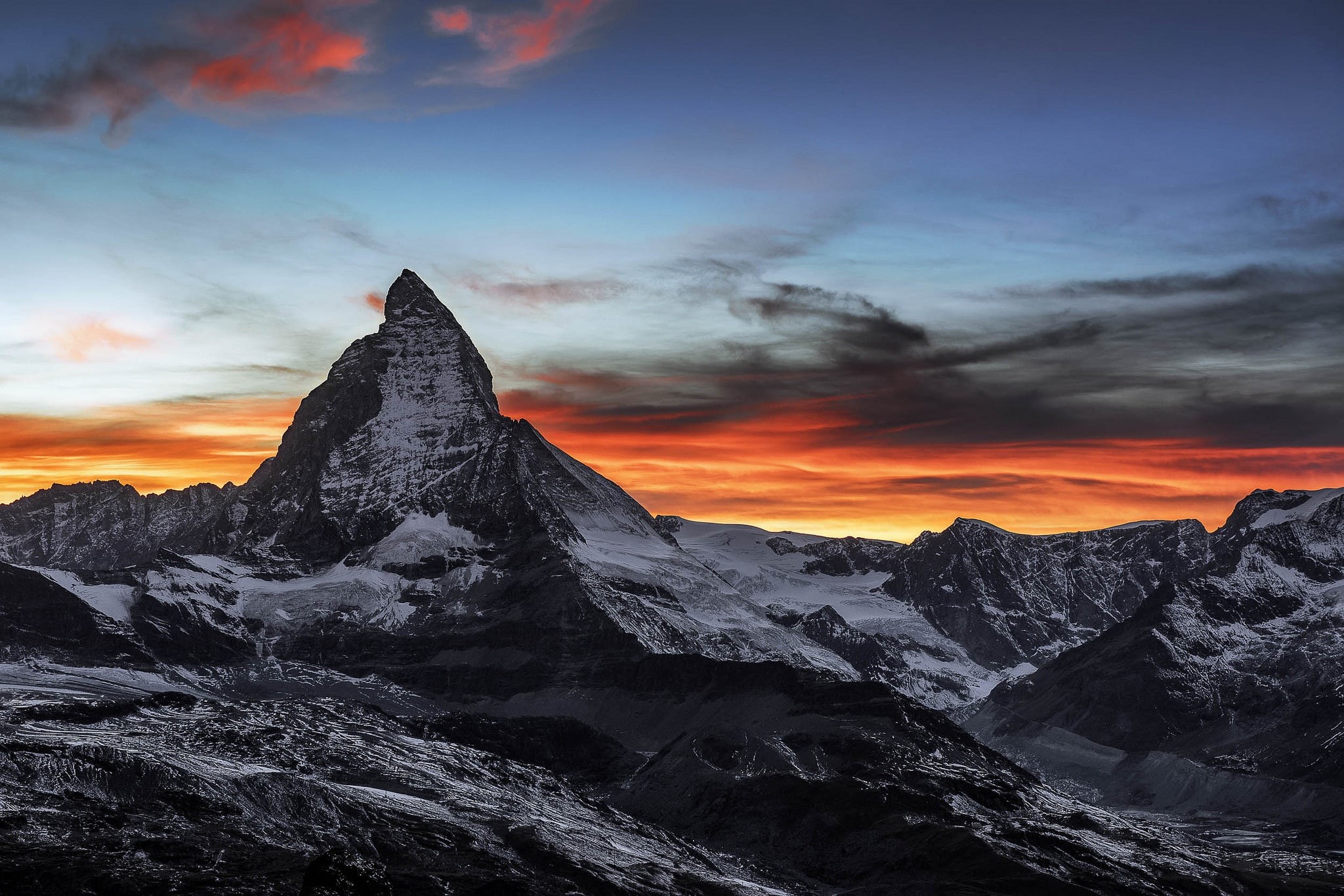nature, Switzerland, 1080P, sunset, sky, mountains, dark, Matterhorn, HD Wallpaper